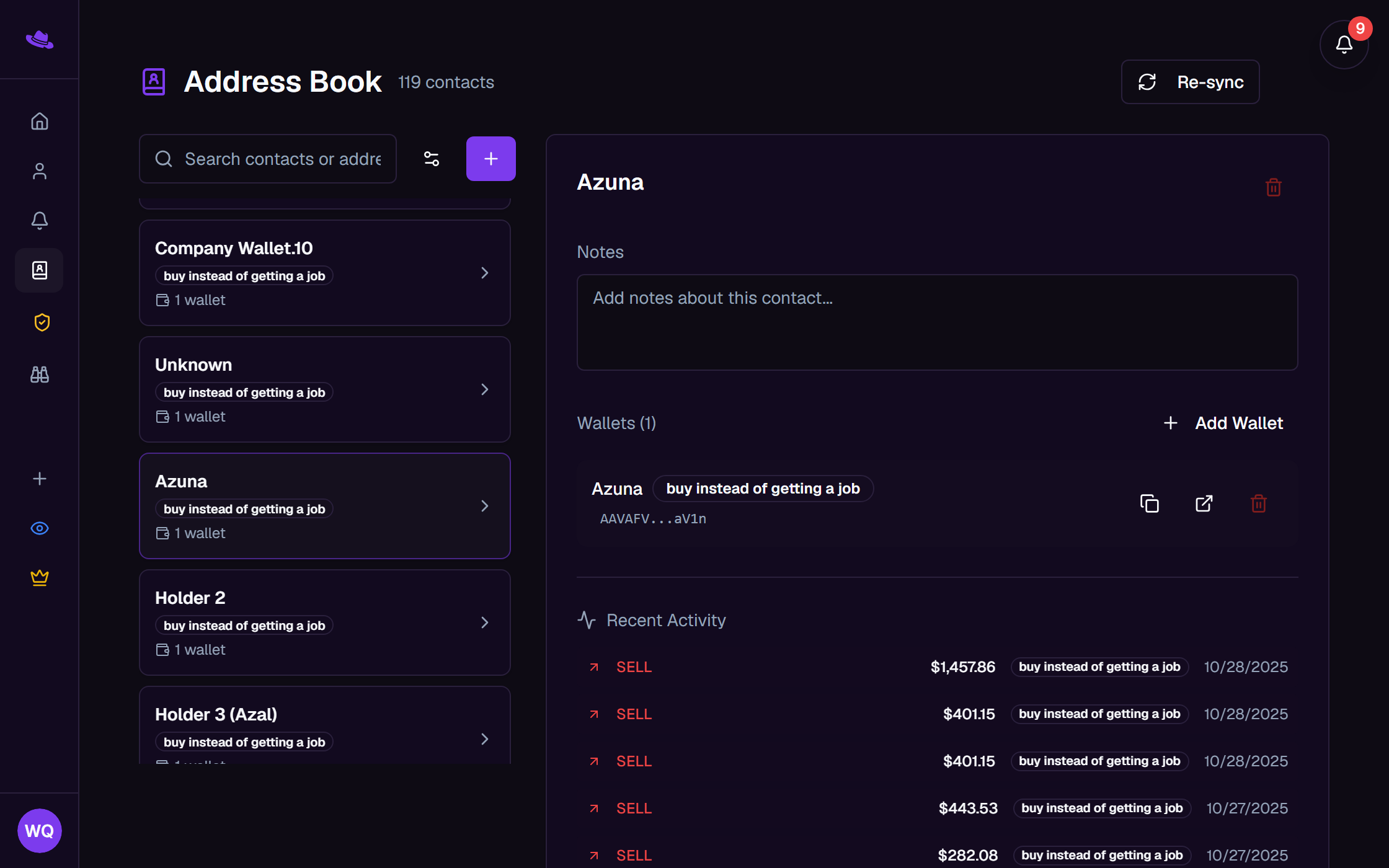 The address book with a single-word contact selected, showing its Notes field, wallet list, and Recent Activity feed