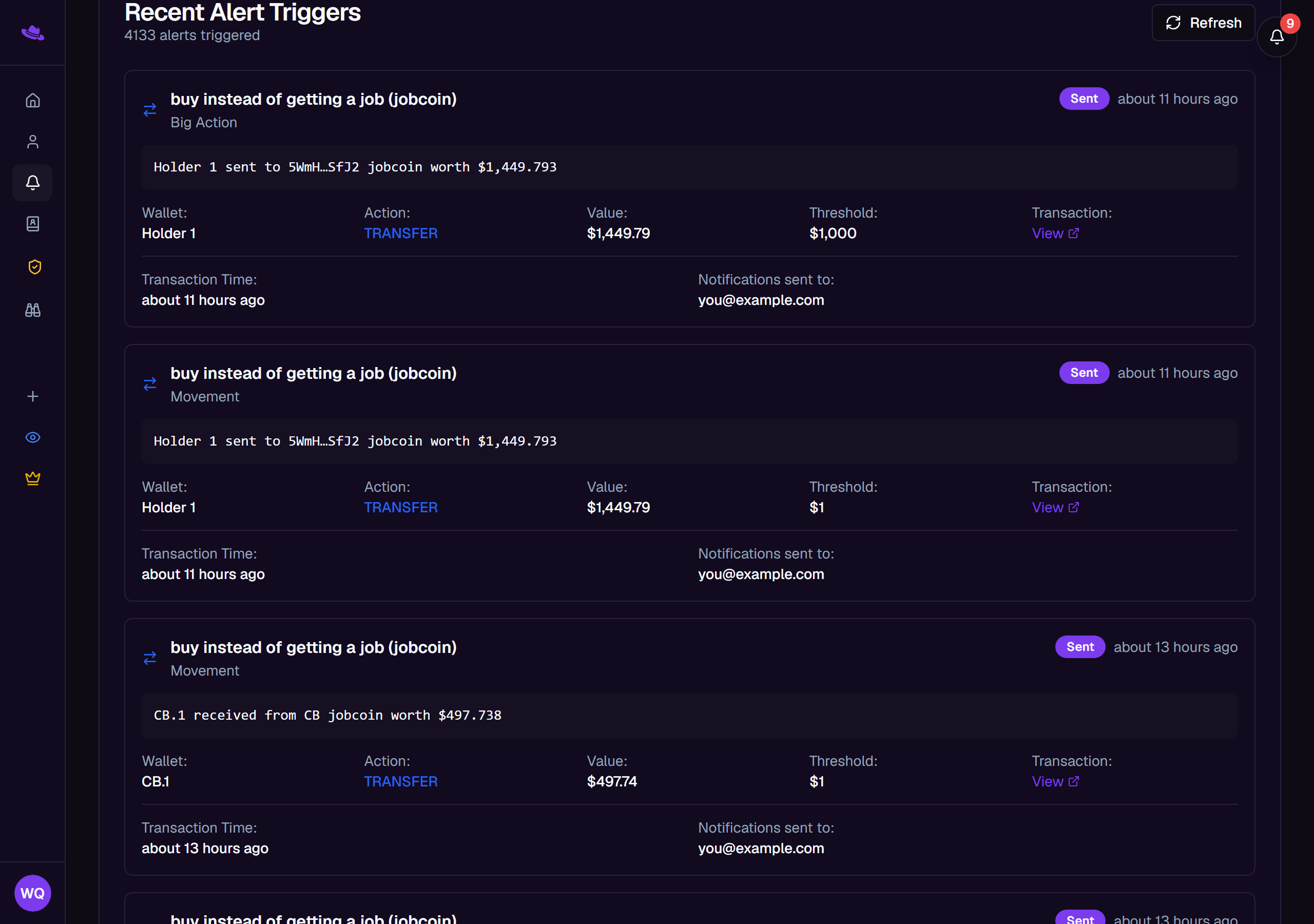 The Alert Logs page listing recent alert triggers with wallet, action, value, threshold, and notification recipient