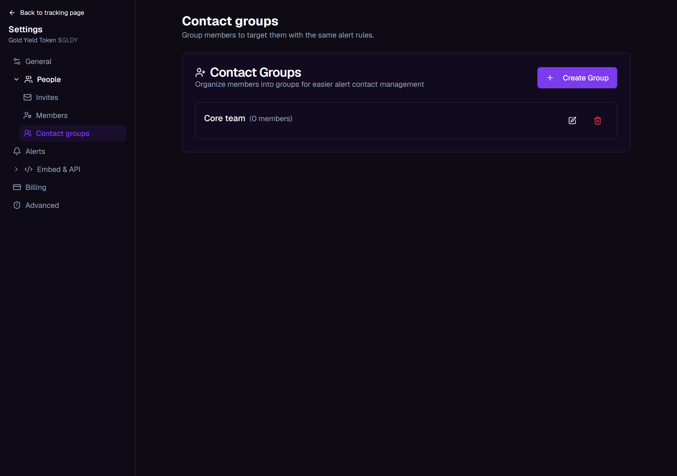 The Contact Groups section showing a Create Group button and a group card with its member count
