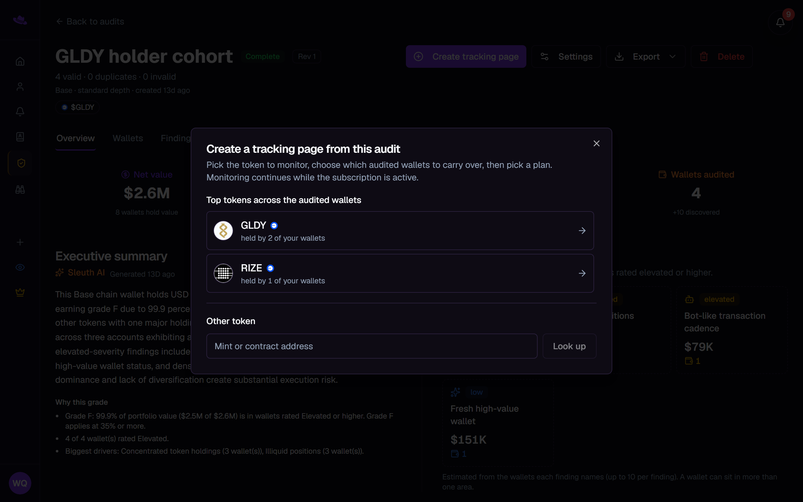 The Create a tracking page from this audit dialog, showing the top tokens to pick from
