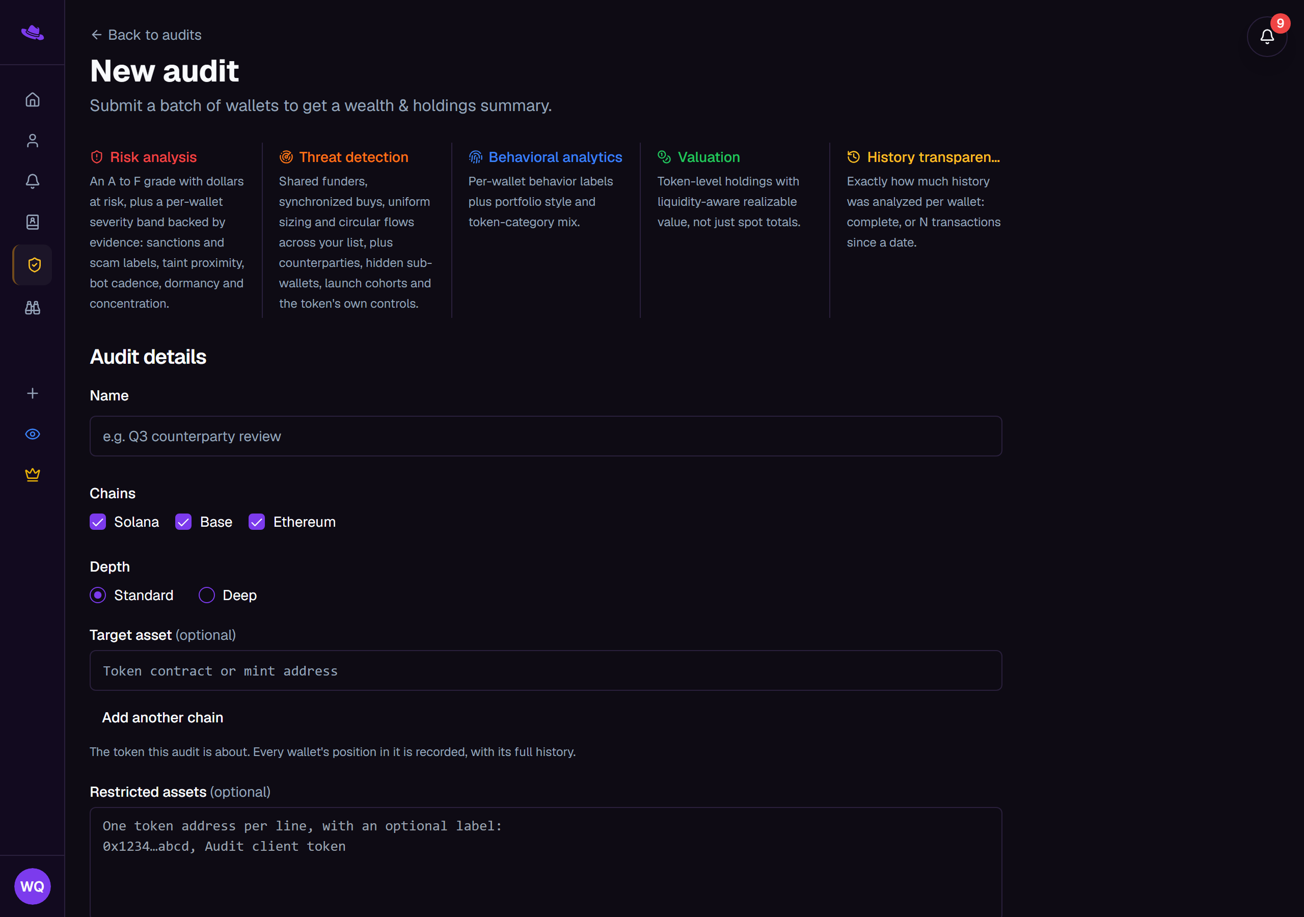 The New audit form with the audit-details fields and the wallet-input tabs