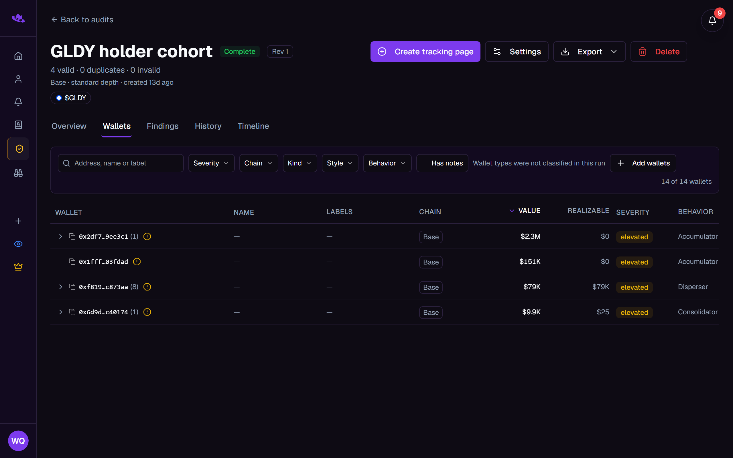 The Wallets tab: the search and filter toolbar above the wallet tree
