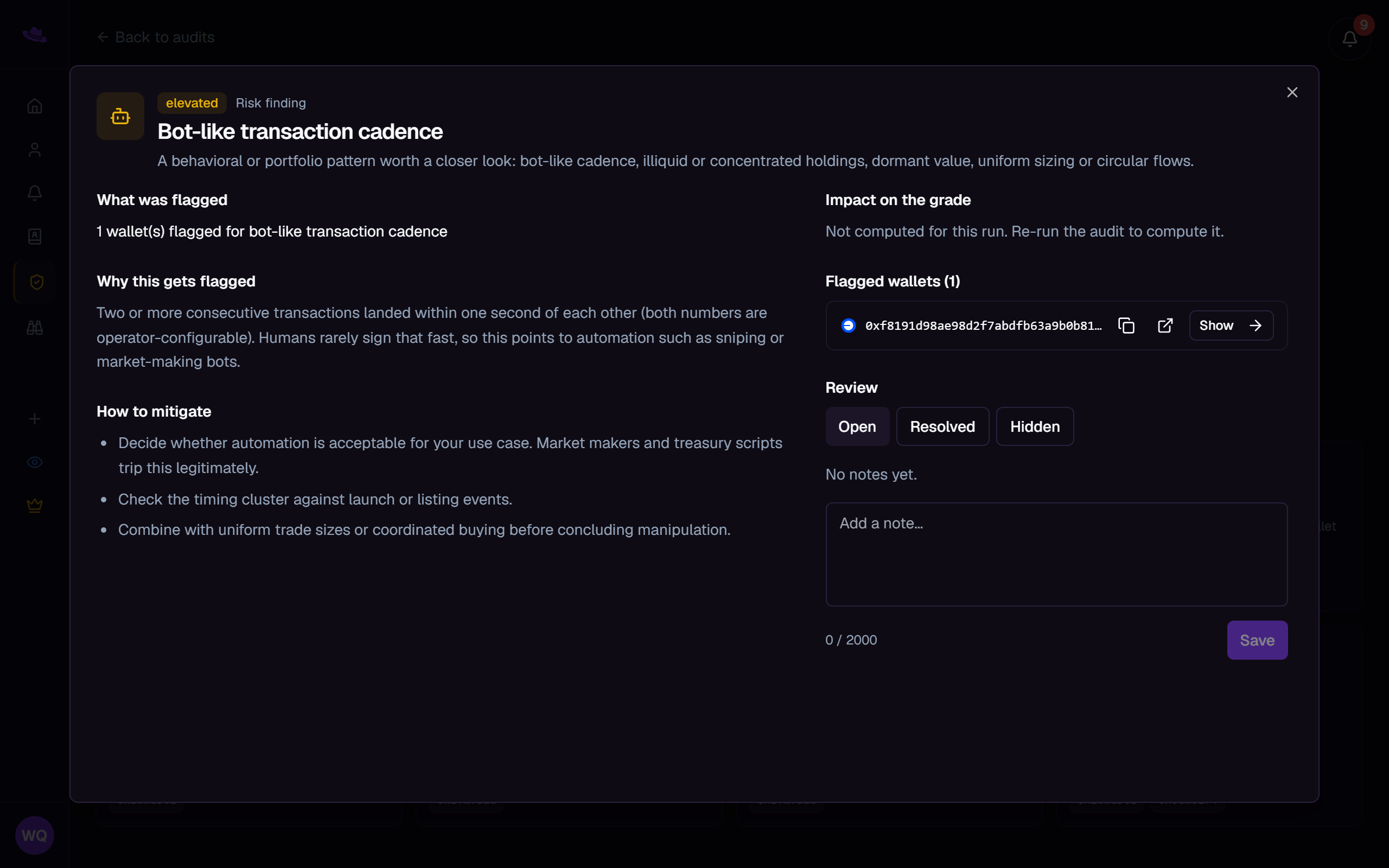 A finding's inspect dialog: what was flagged, why, how to mitigate it, and the Review panel