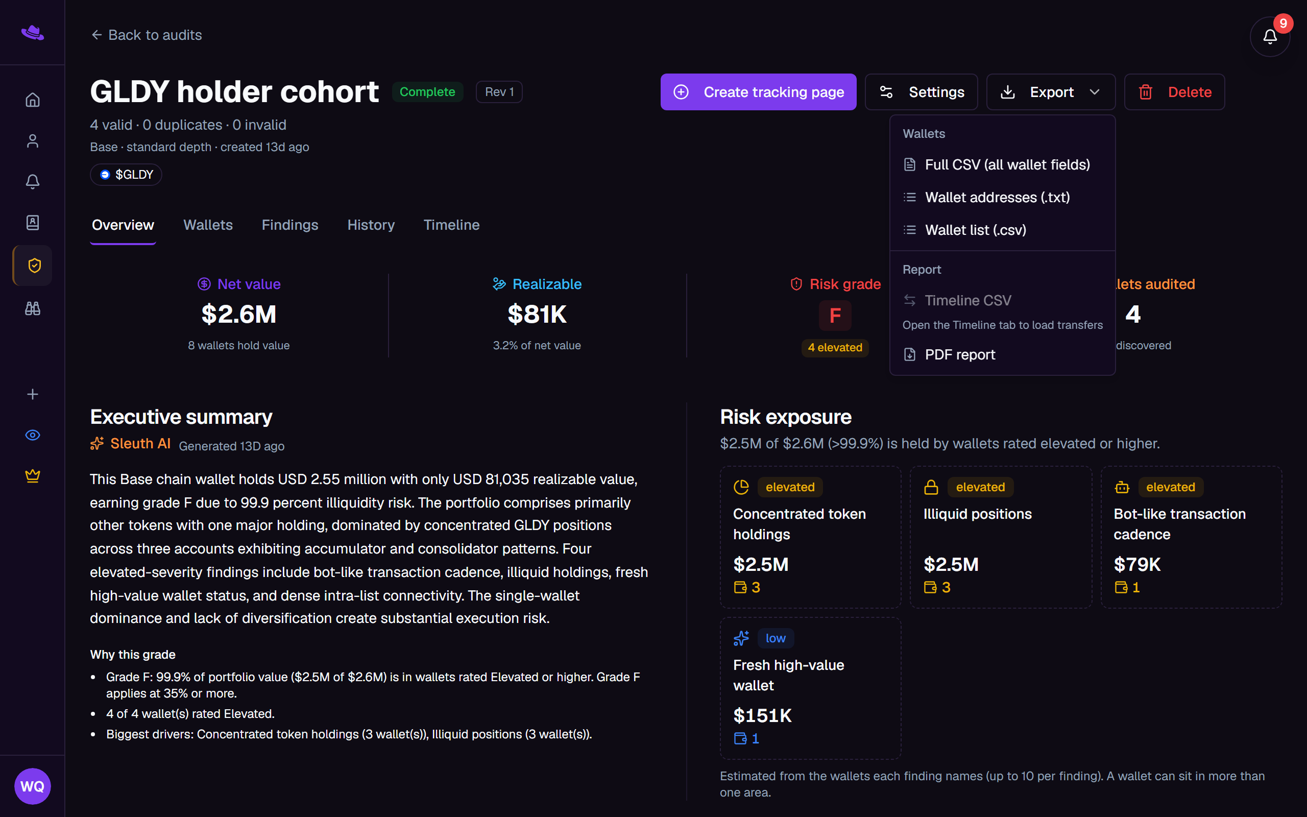 The report header's Export menu open, listing the wallet and report download options
