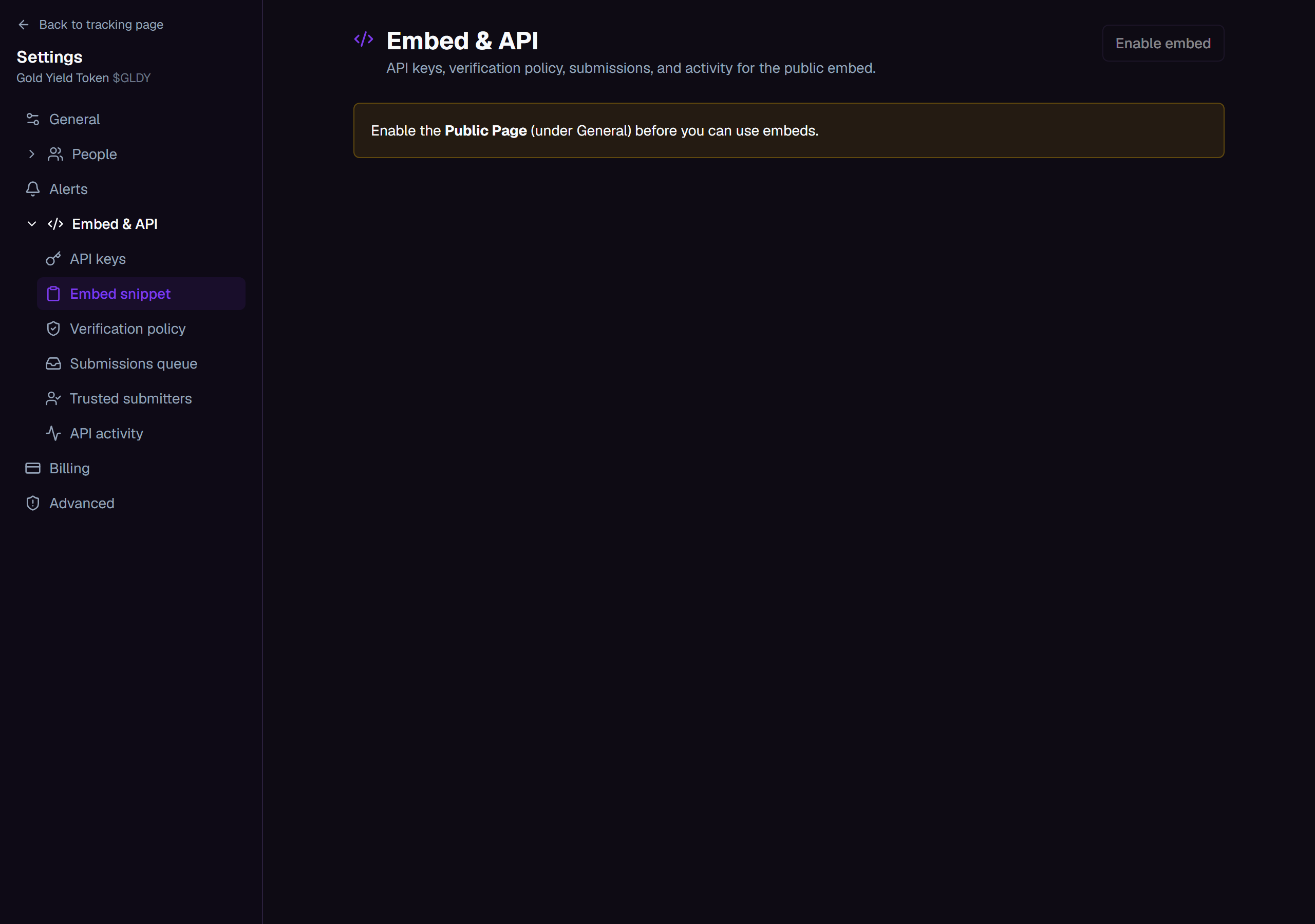 The Embed & API settings section prompting to enable the public page before its API keys, snippet, and other subsections become available