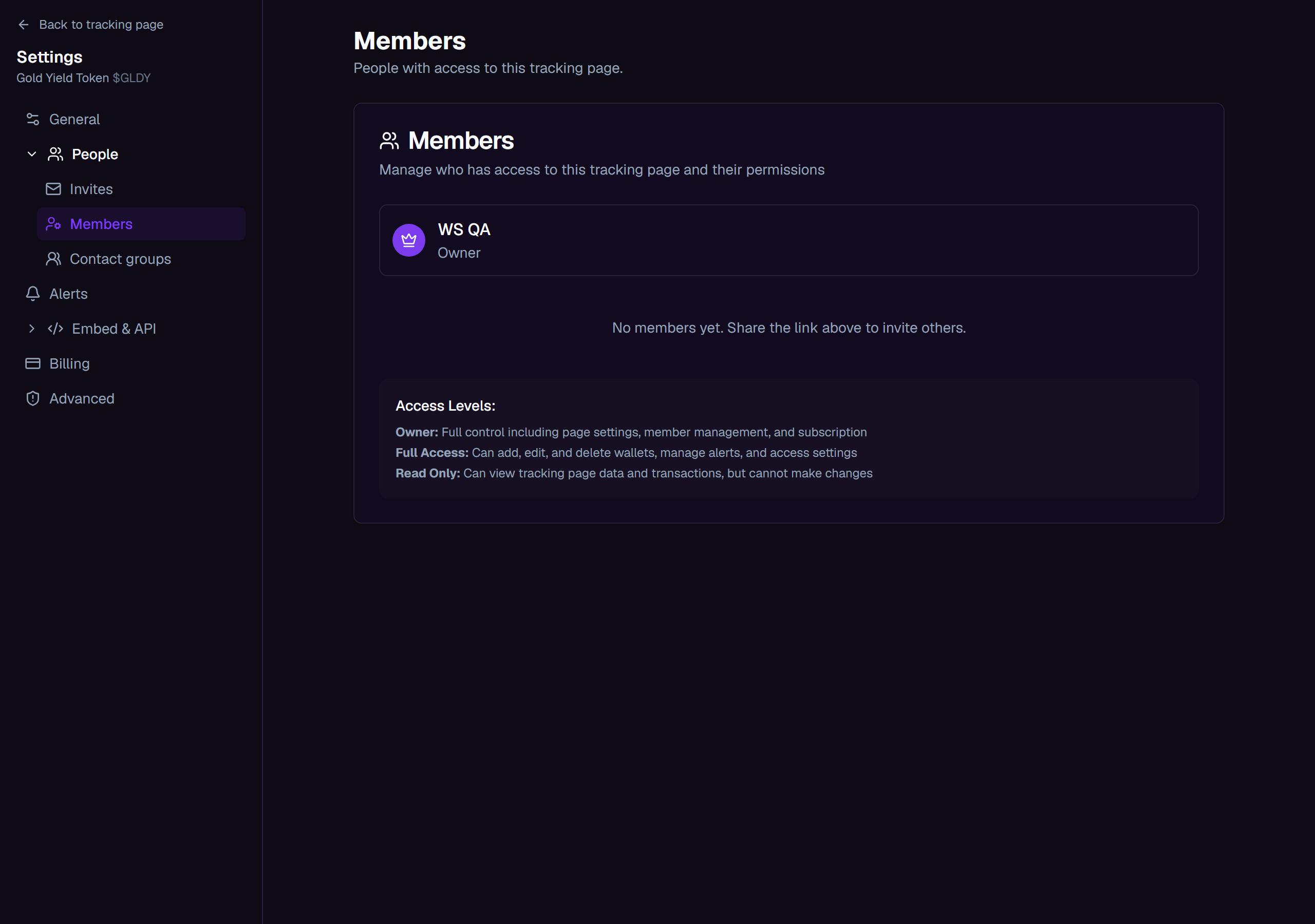The Members settings page listing the page owner and any members, with an access-level badge and remove control for each