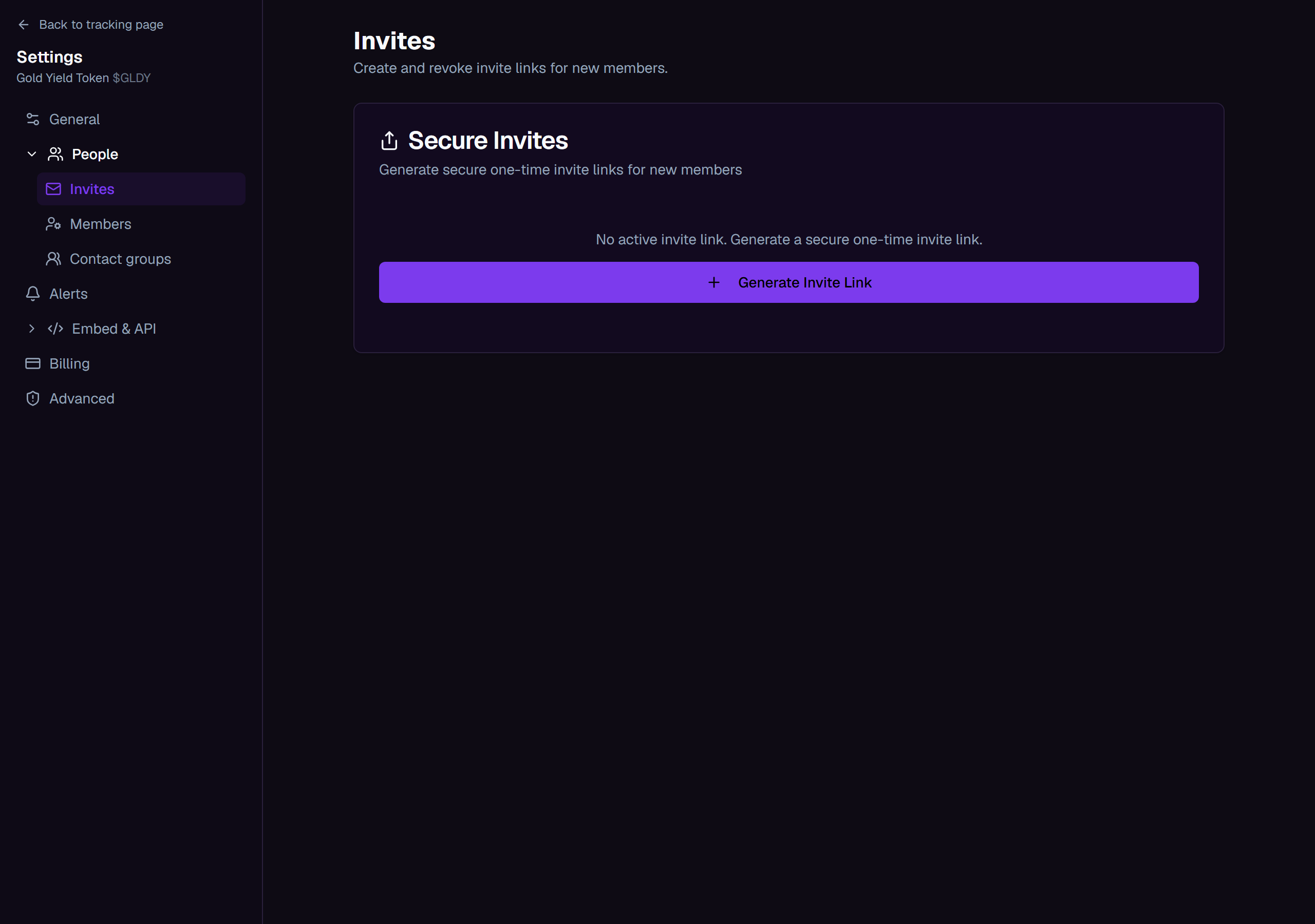The Invites settings page with a Generate Invite Link button