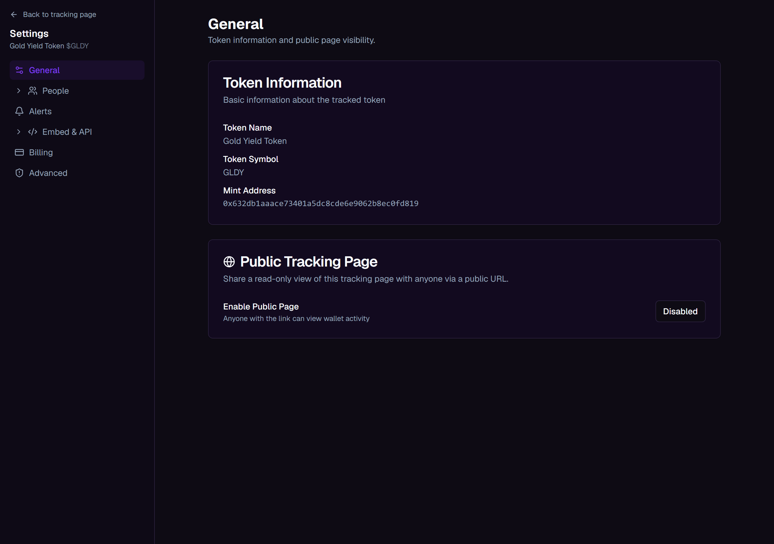 The tracking page settings General section with the Public Tracking Page card and its Enable Public Page control
