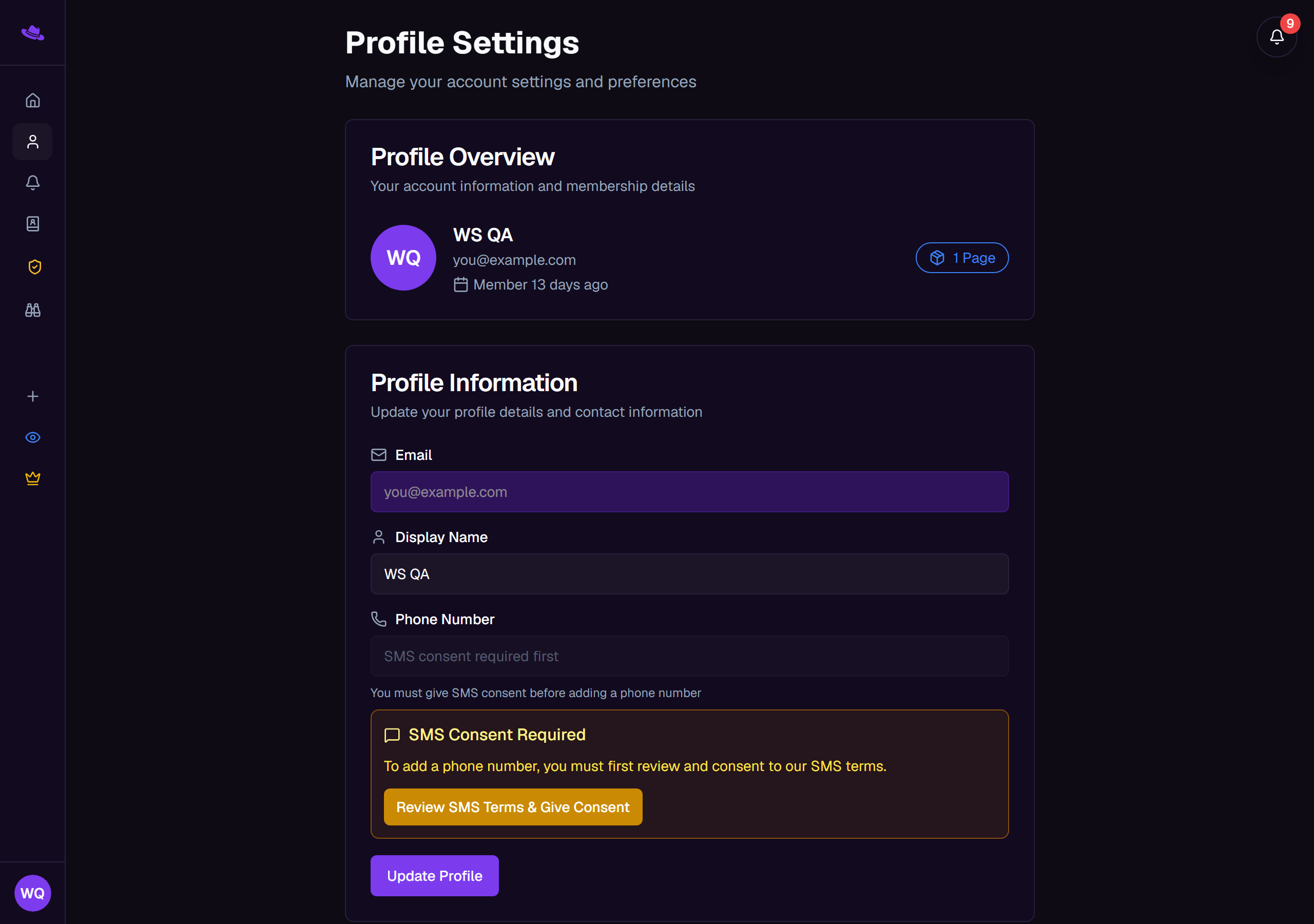 The Profile Settings page with the Profile Overview card and the Profile Information form, including the read-only Email field and SMS consent notice