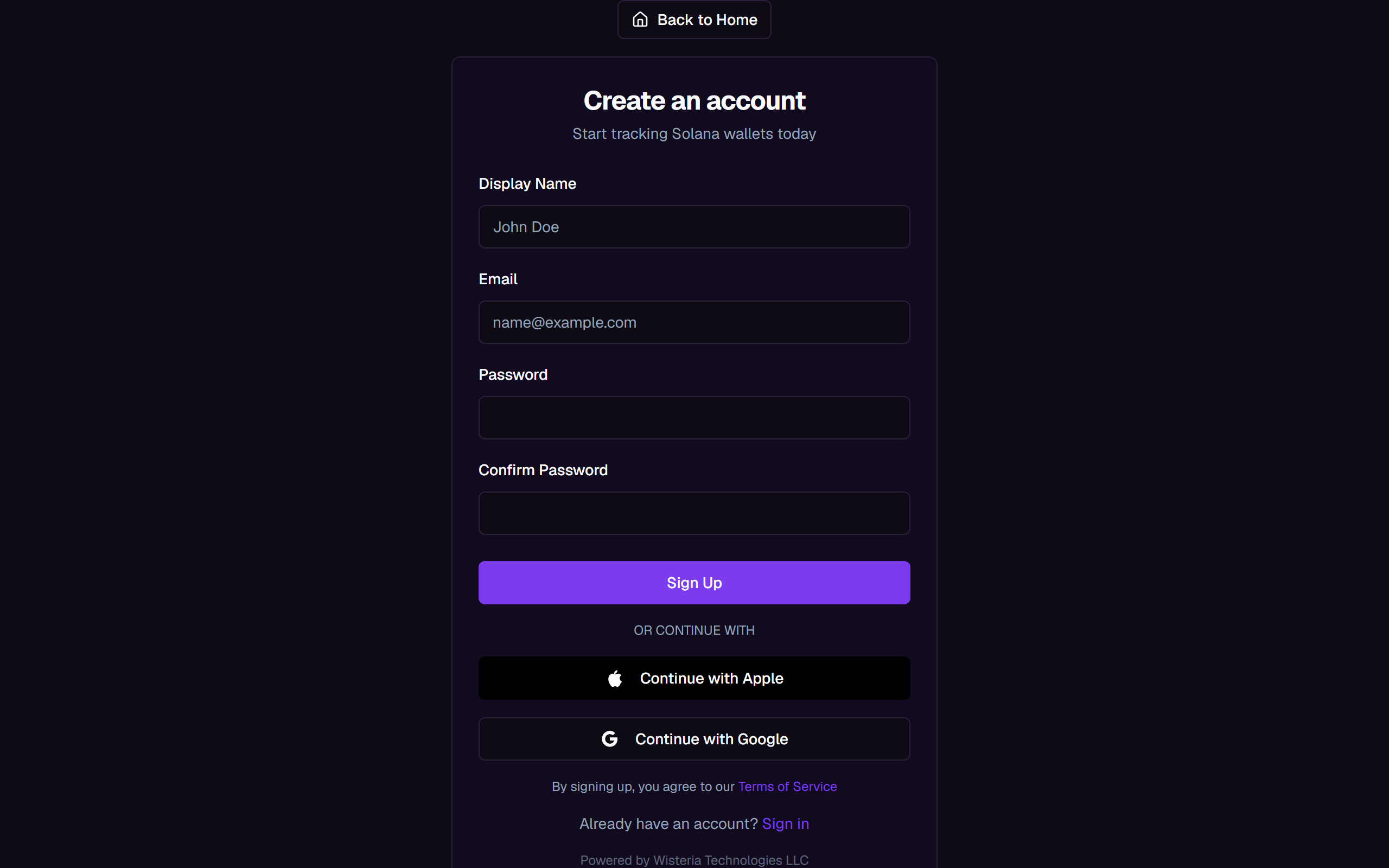 The sign-up form at /register with Display Name, Email, Password, and Confirm Password fields, plus Continue with Apple and Continue with Google buttons