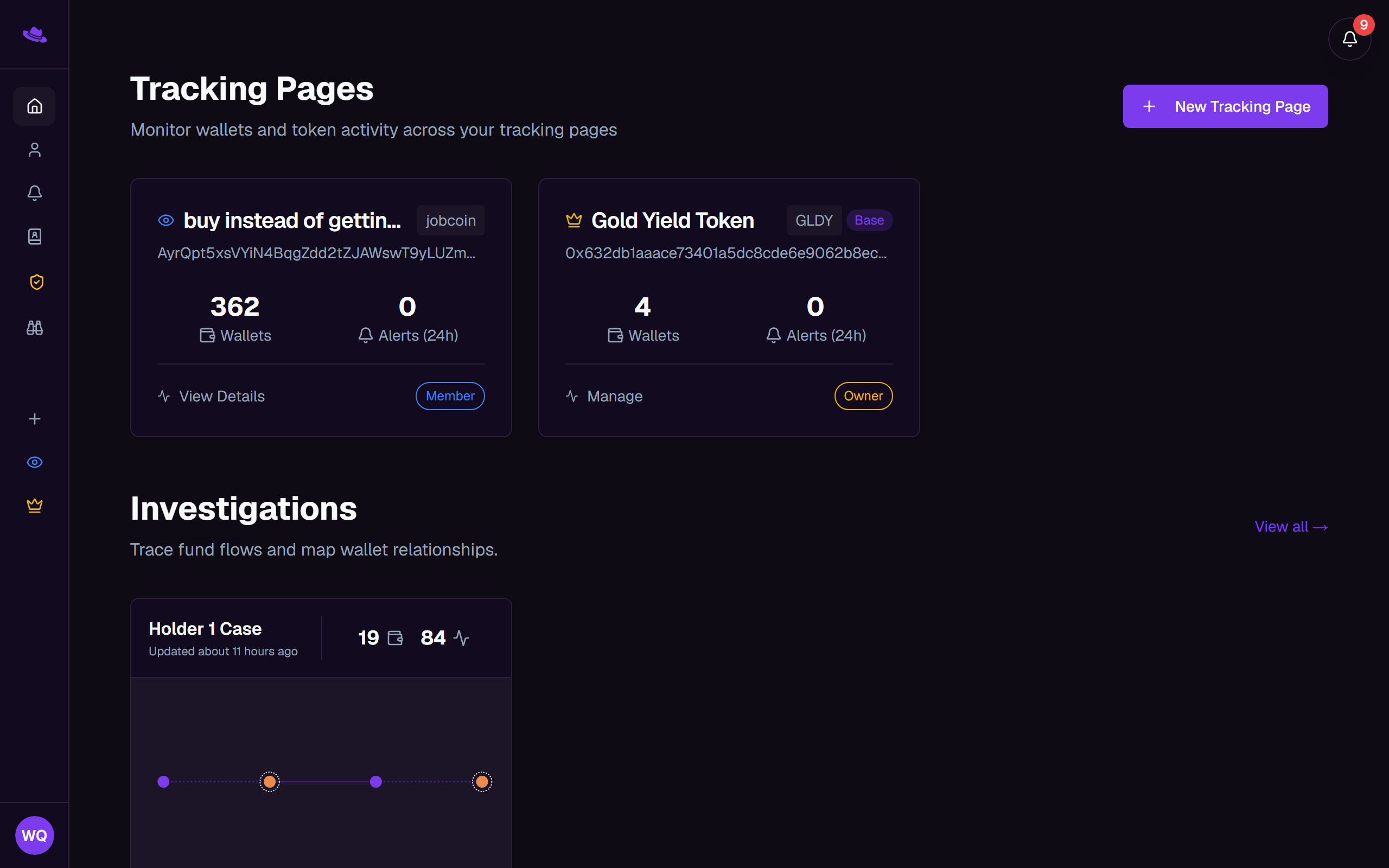 The dashboard showing Tracking Pages cards with owner and member badges, an Investigations section, and the collapsed sidebar