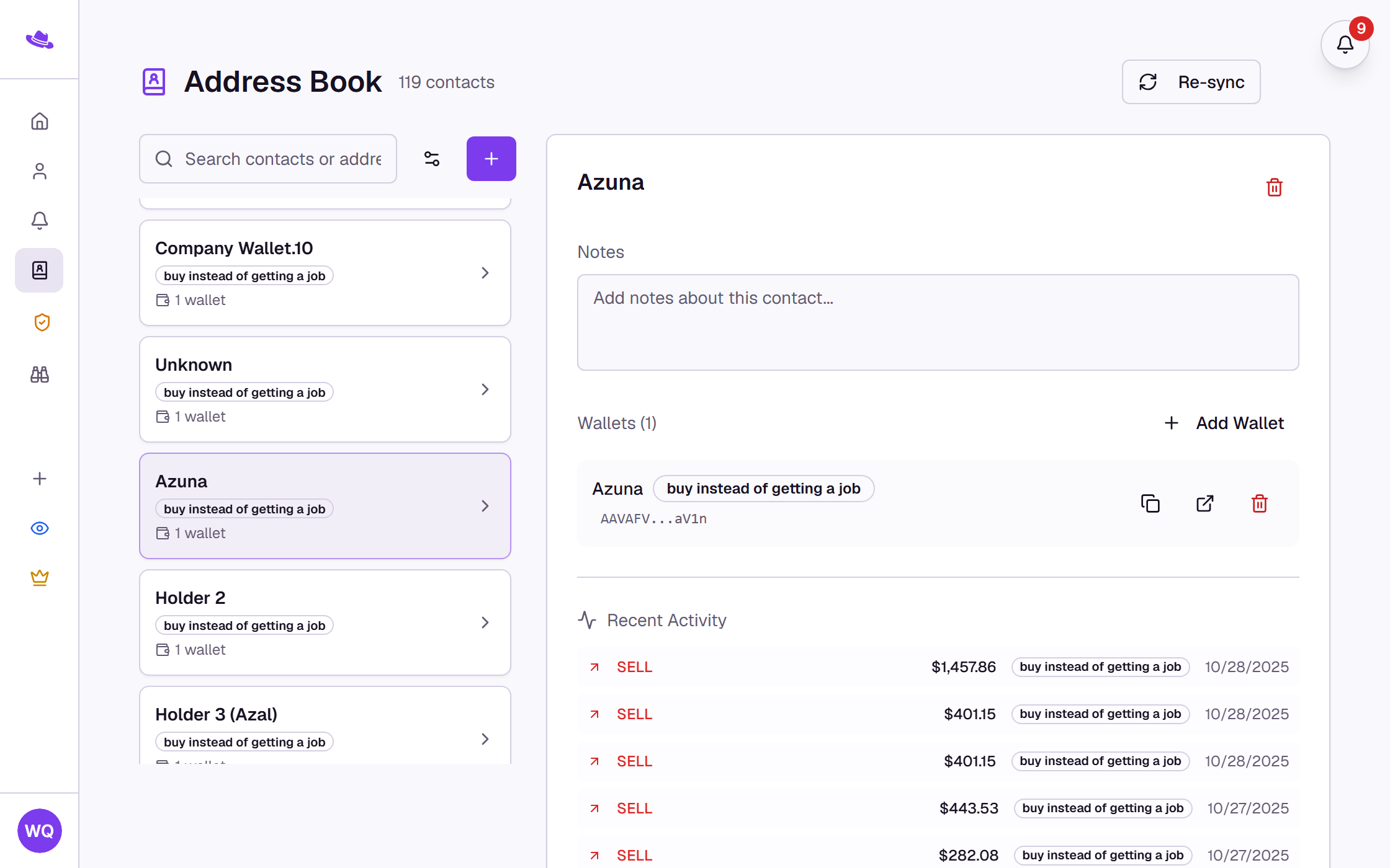 The address book with a single-word contact selected, showing its Notes field, wallet list, and Recent Activity feed