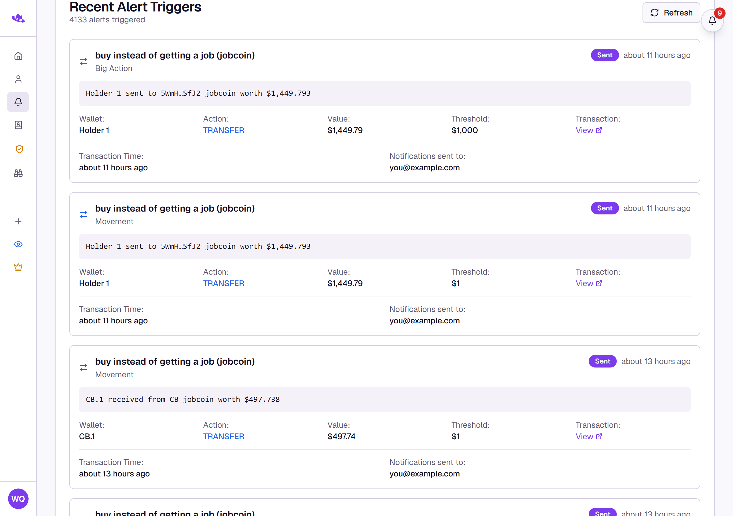 The Alert Logs page listing recent alert triggers with wallet, action, value, threshold, and notification recipient