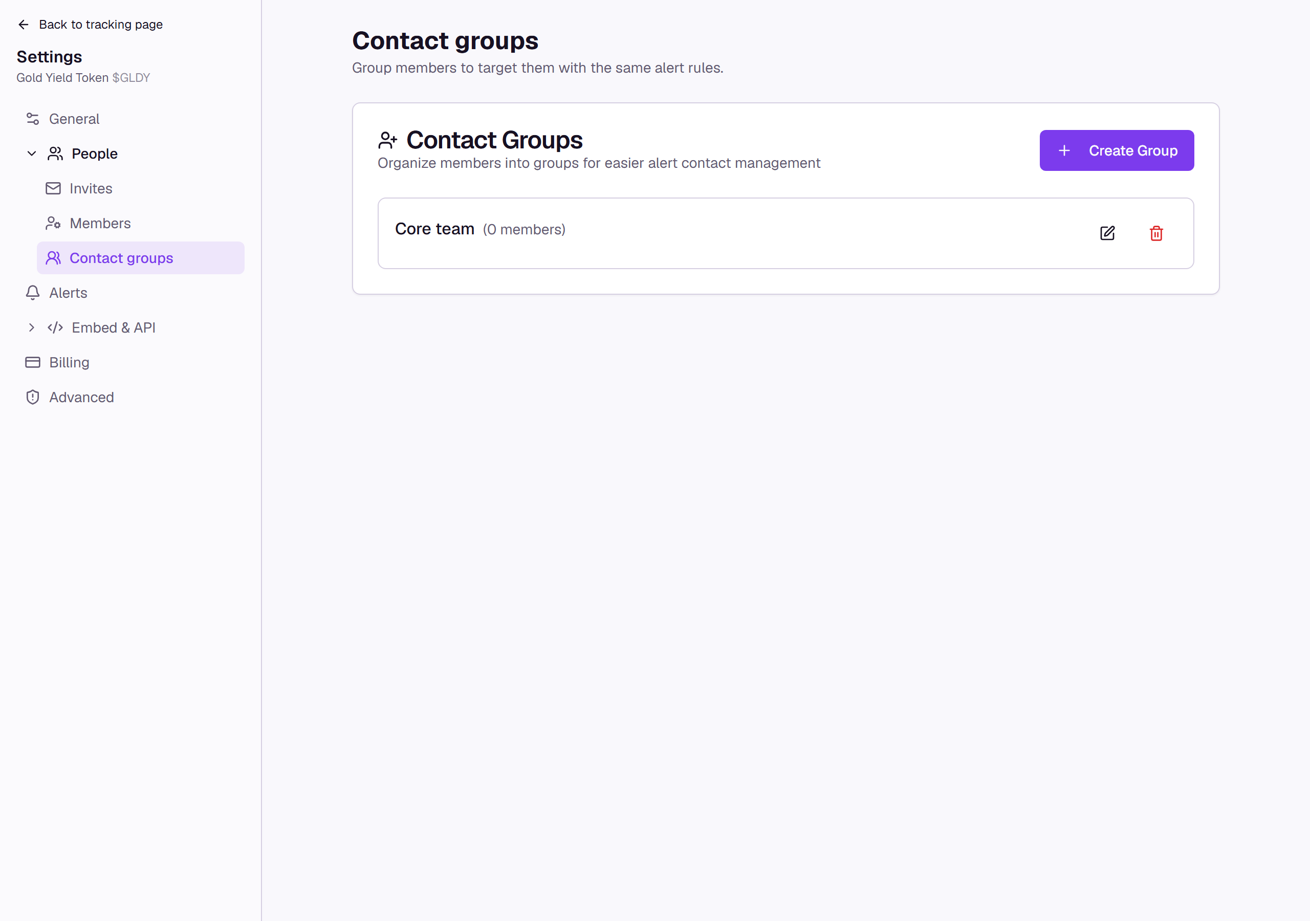 The Contact Groups section showing a Create Group button and a group card with its member count