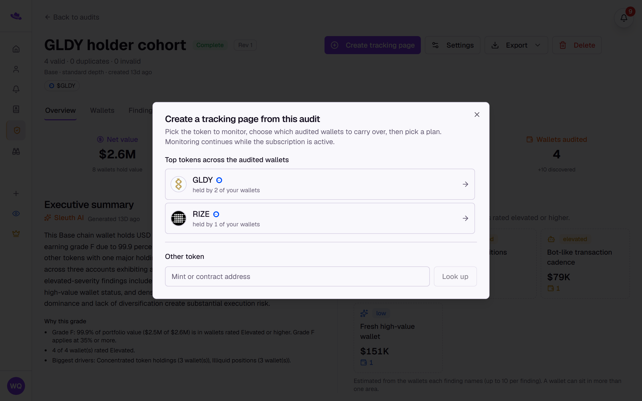 The Create a tracking page from this audit dialog, showing the top tokens to pick from