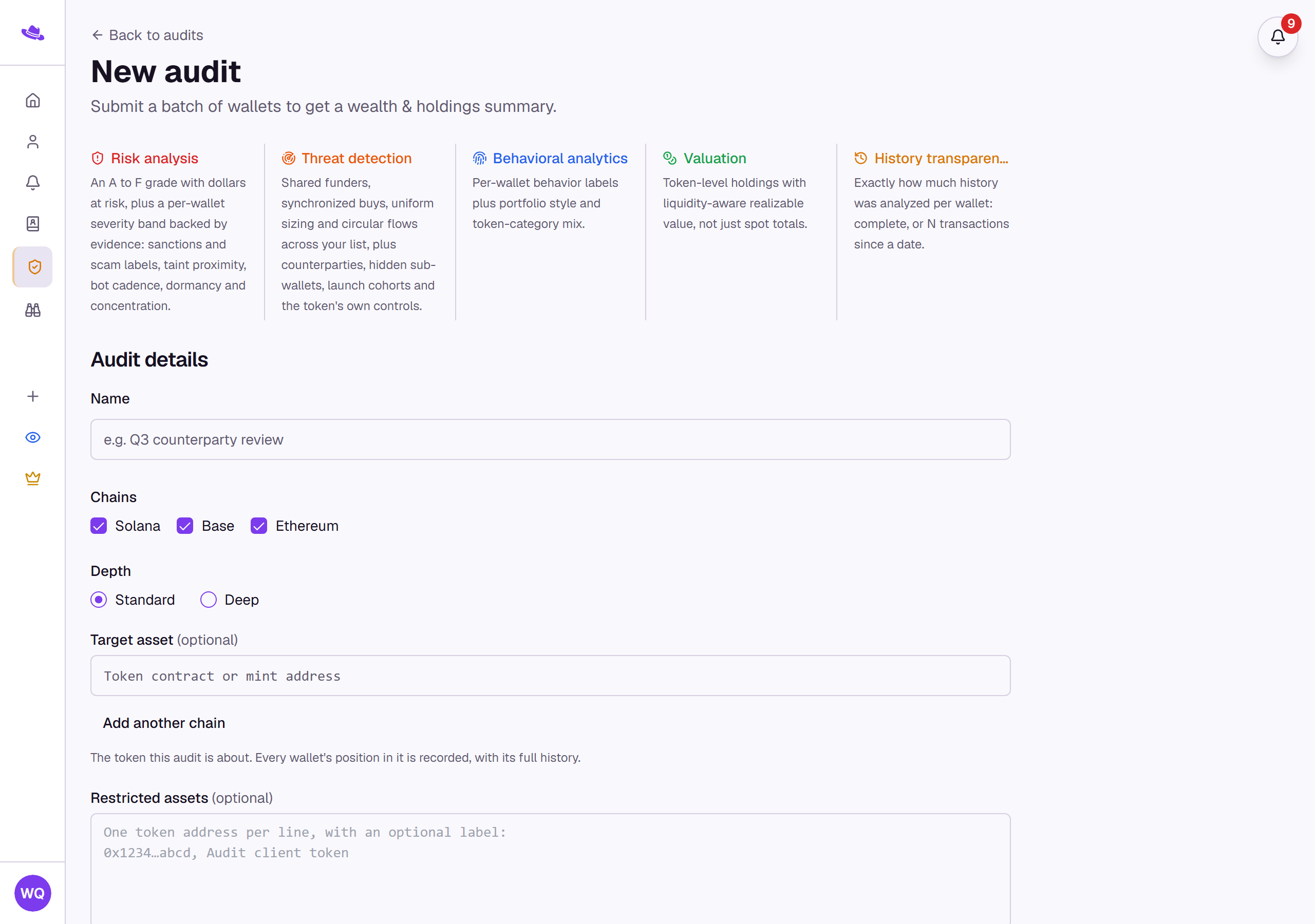 The New audit form with the audit-details fields and the wallet-input tabs