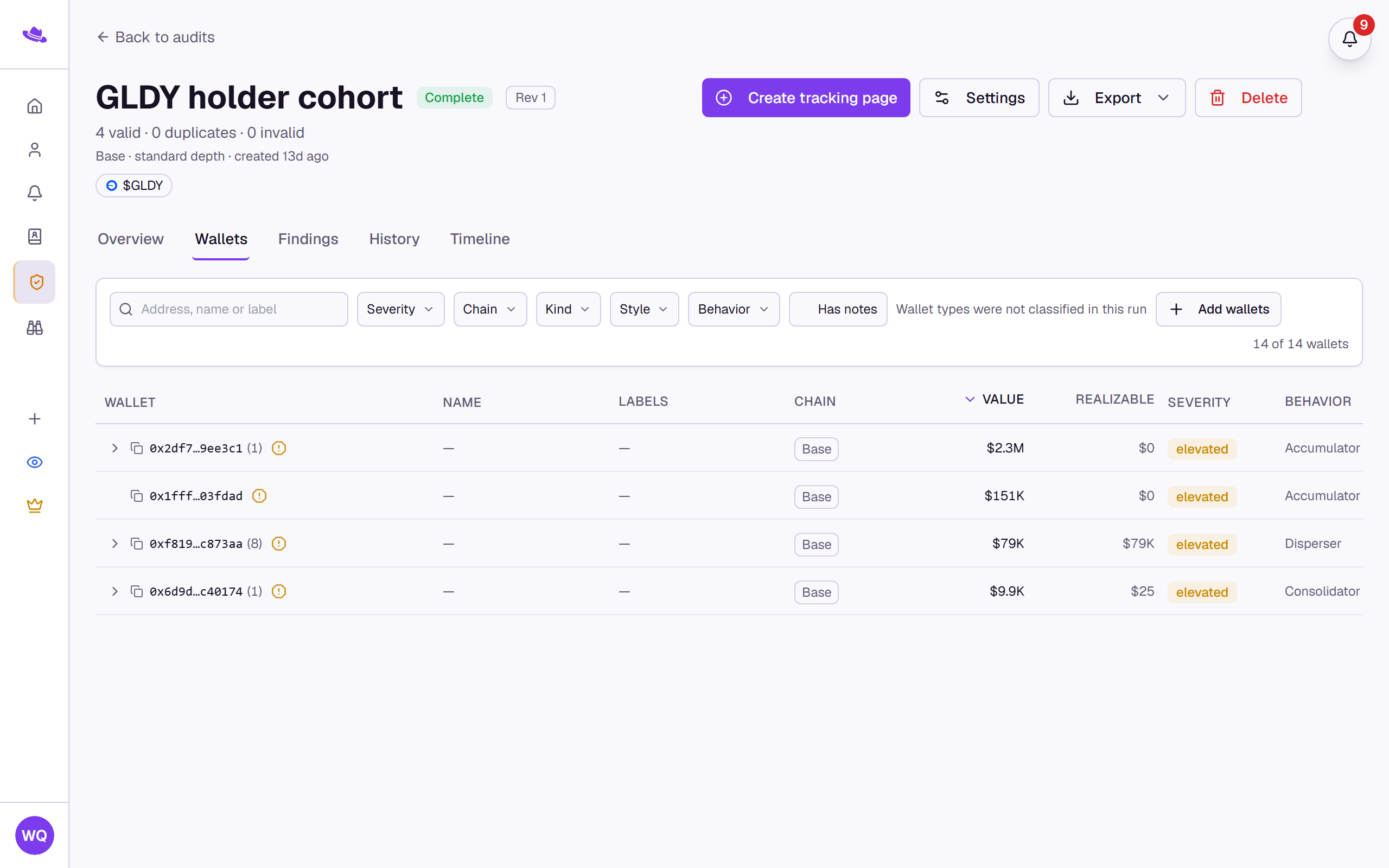 The Wallets tab: the search and filter toolbar above the wallet tree