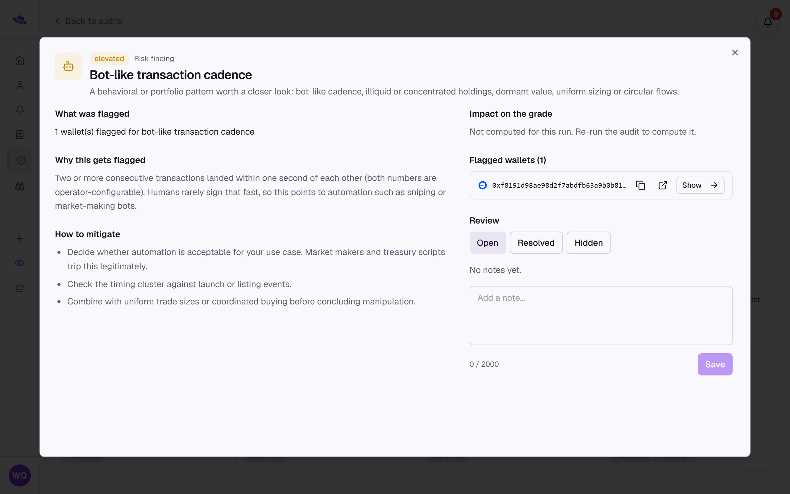 A finding's inspect dialog: what was flagged, why, how to mitigate it, and the Review panel