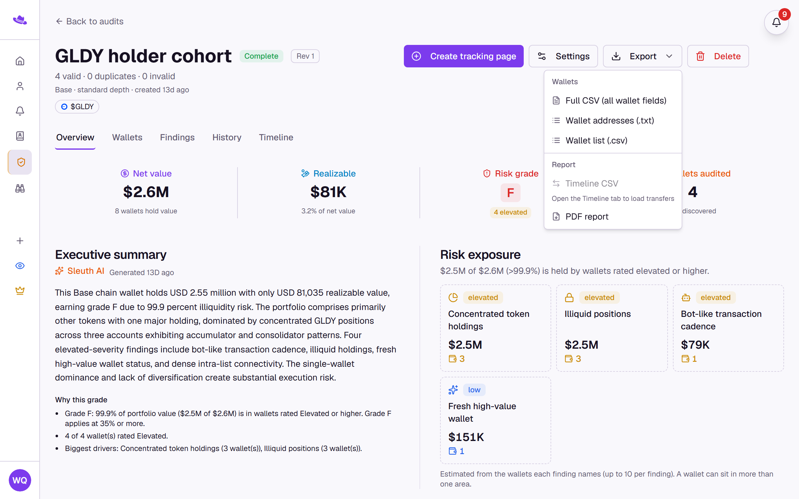 The report header's Export menu open, listing the wallet and report download options