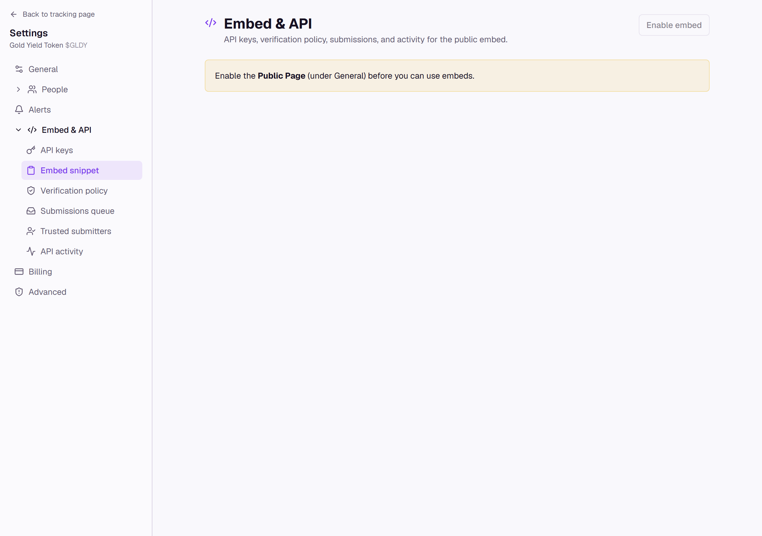 The Embed & API settings section prompting to enable the public page before its API keys, snippet, and other subsections become available