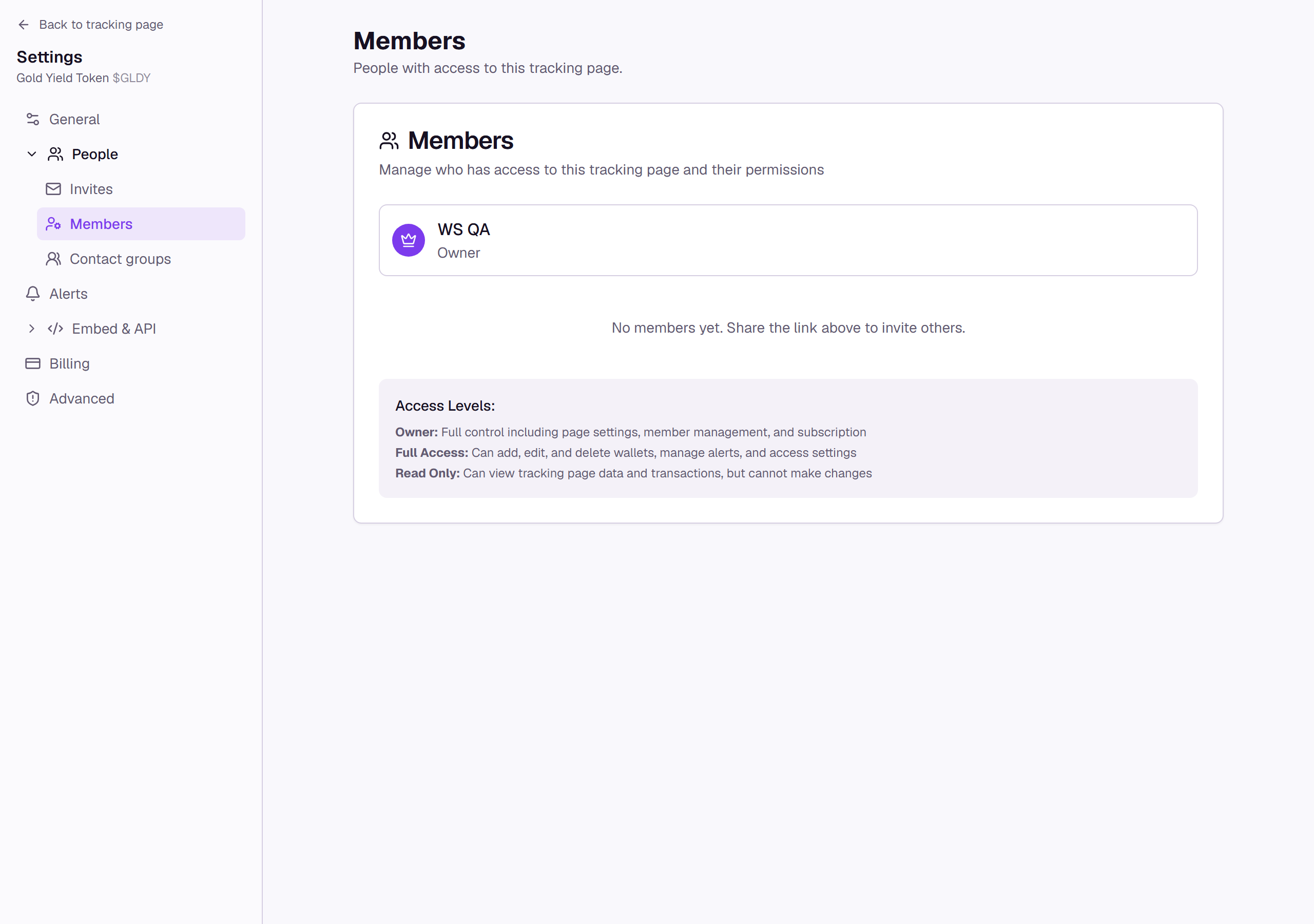The Members settings page listing the page owner and any members, with an access-level badge and remove control for each