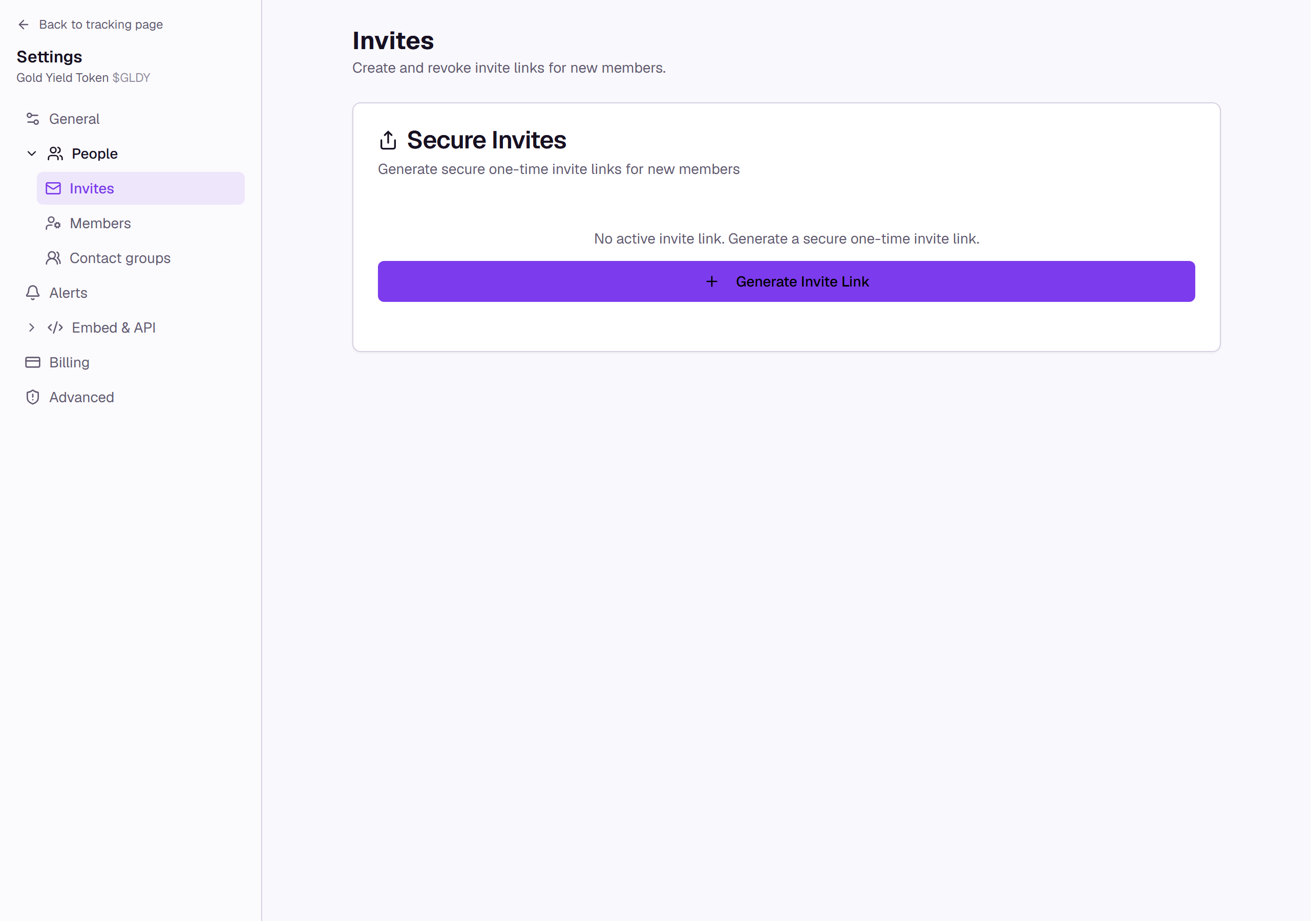 The Invites settings page with a Generate Invite Link button