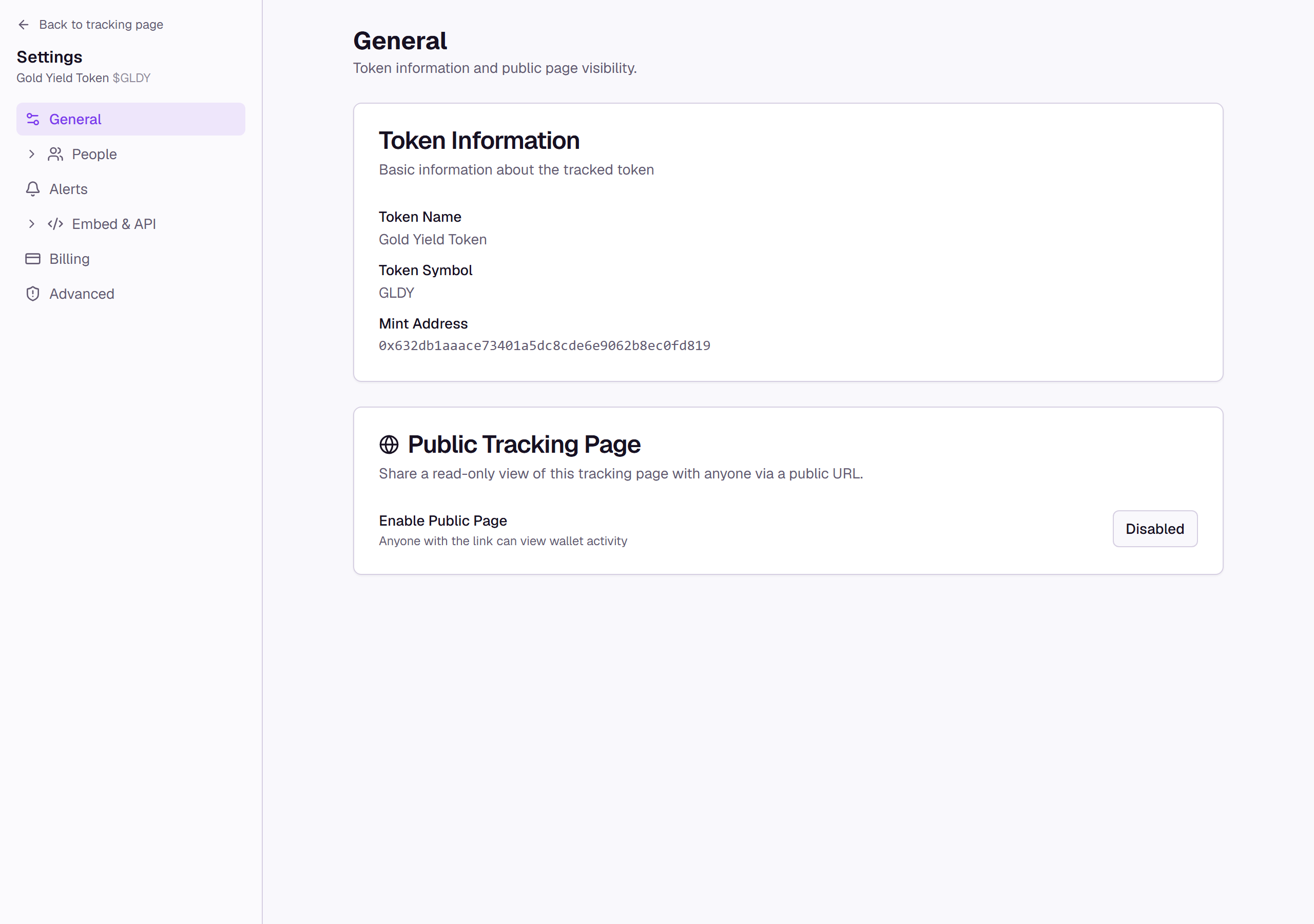 The tracking page settings General section with the Public Tracking Page card and its Enable Public Page control