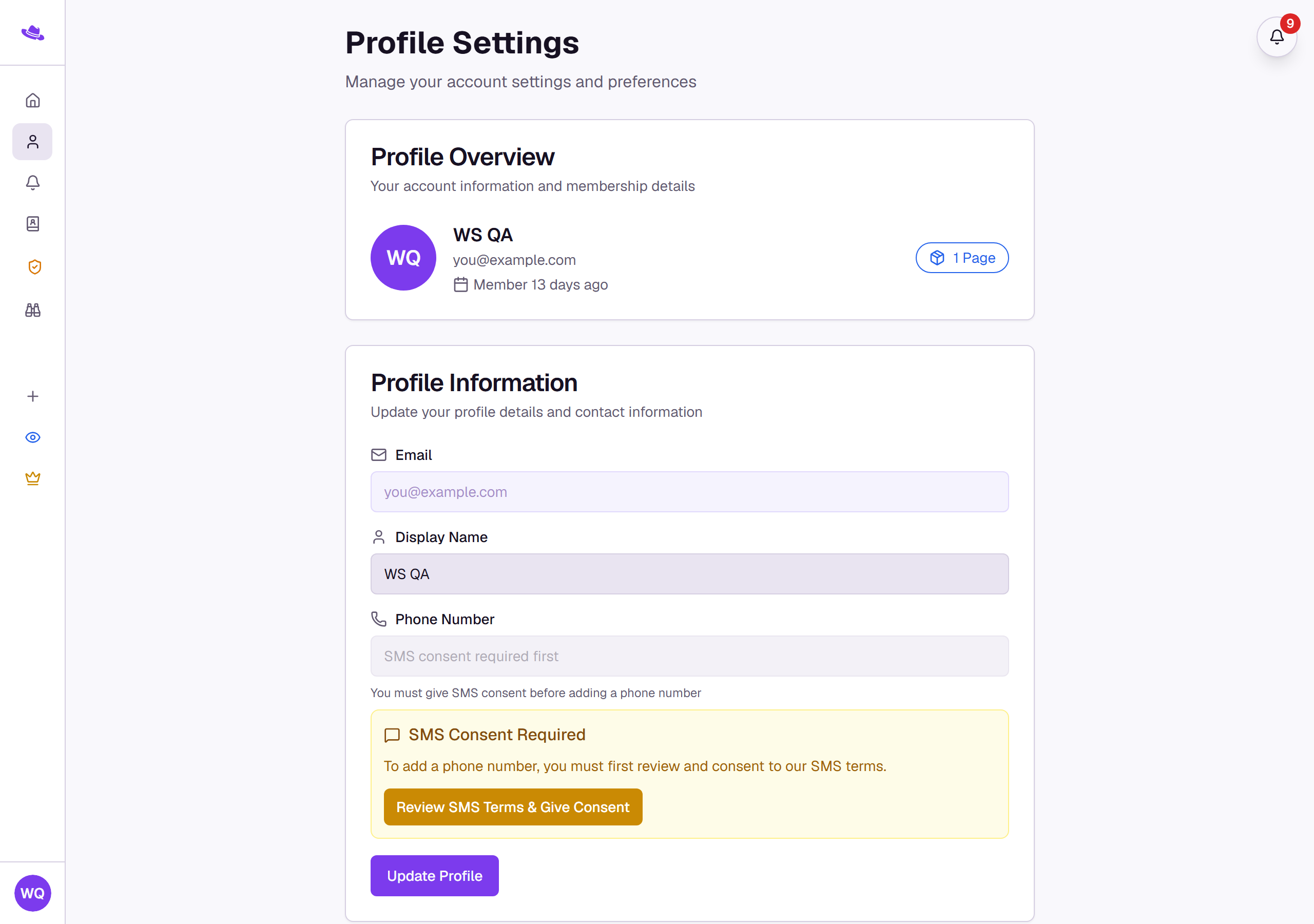 The Profile Settings page with the Profile Overview card and the Profile Information form, including the read-only Email field and SMS consent notice