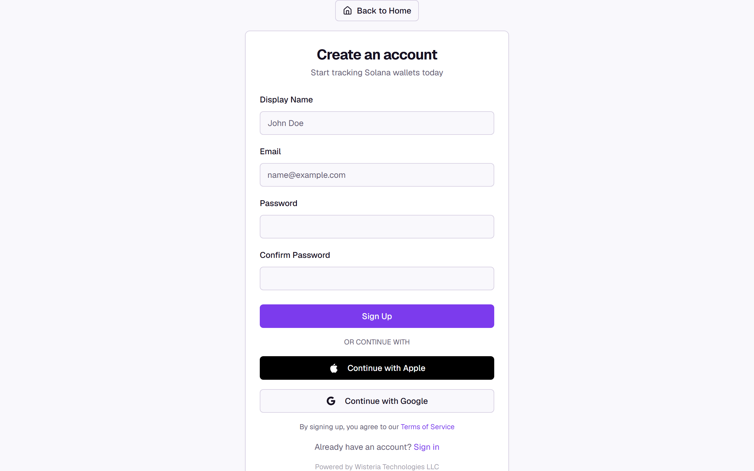 The sign-up form at /register with Display Name, Email, Password, and Confirm Password fields, plus Continue with Apple and Continue with Google buttons