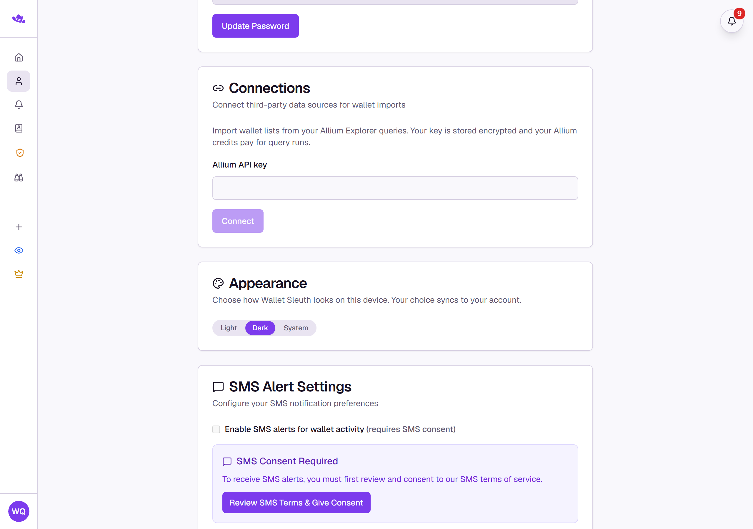 The Connections card on the Profile page, with the Allium API key field and Connect button