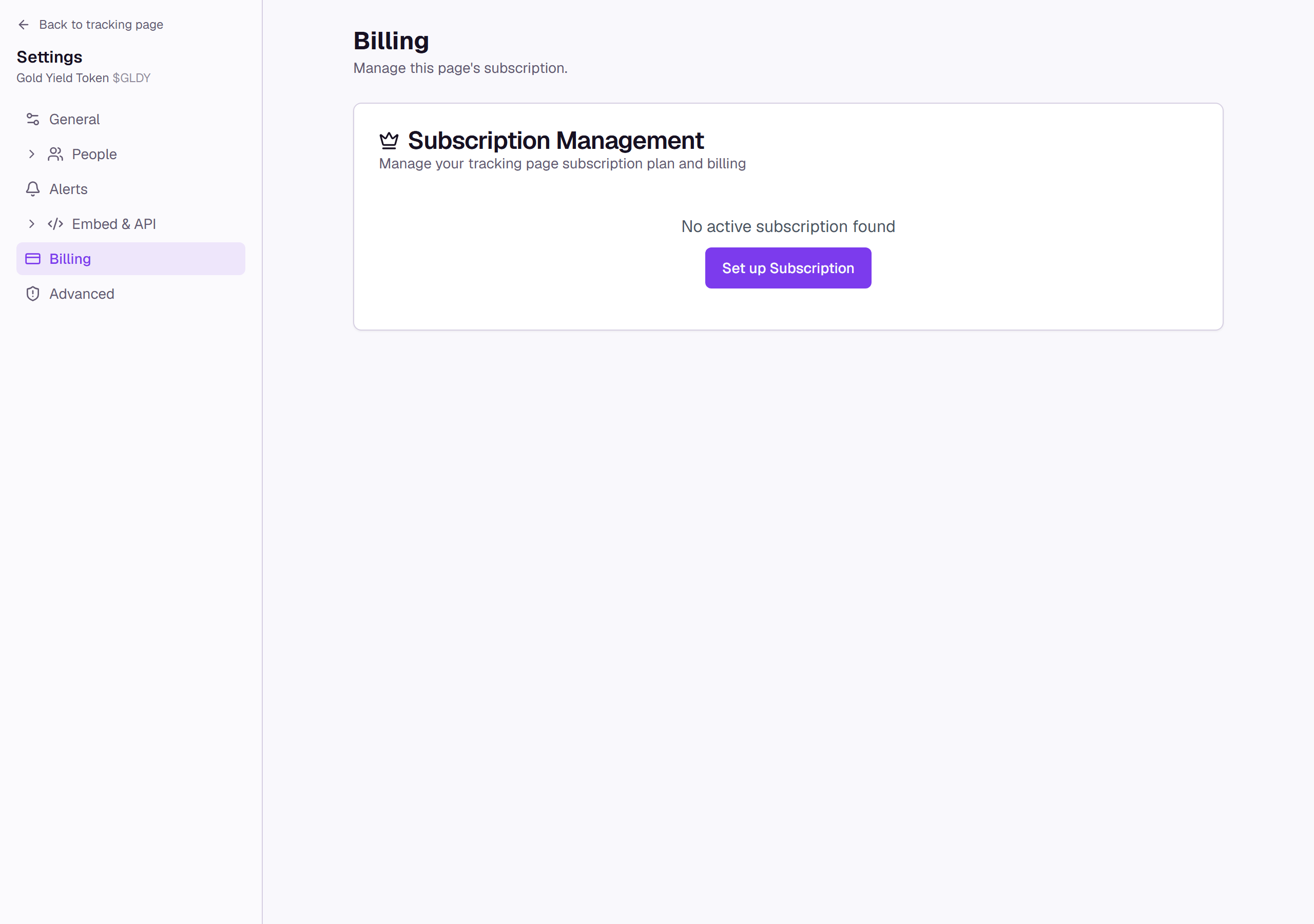 The Billing settings page for a tracking page, showing the Subscription Management card