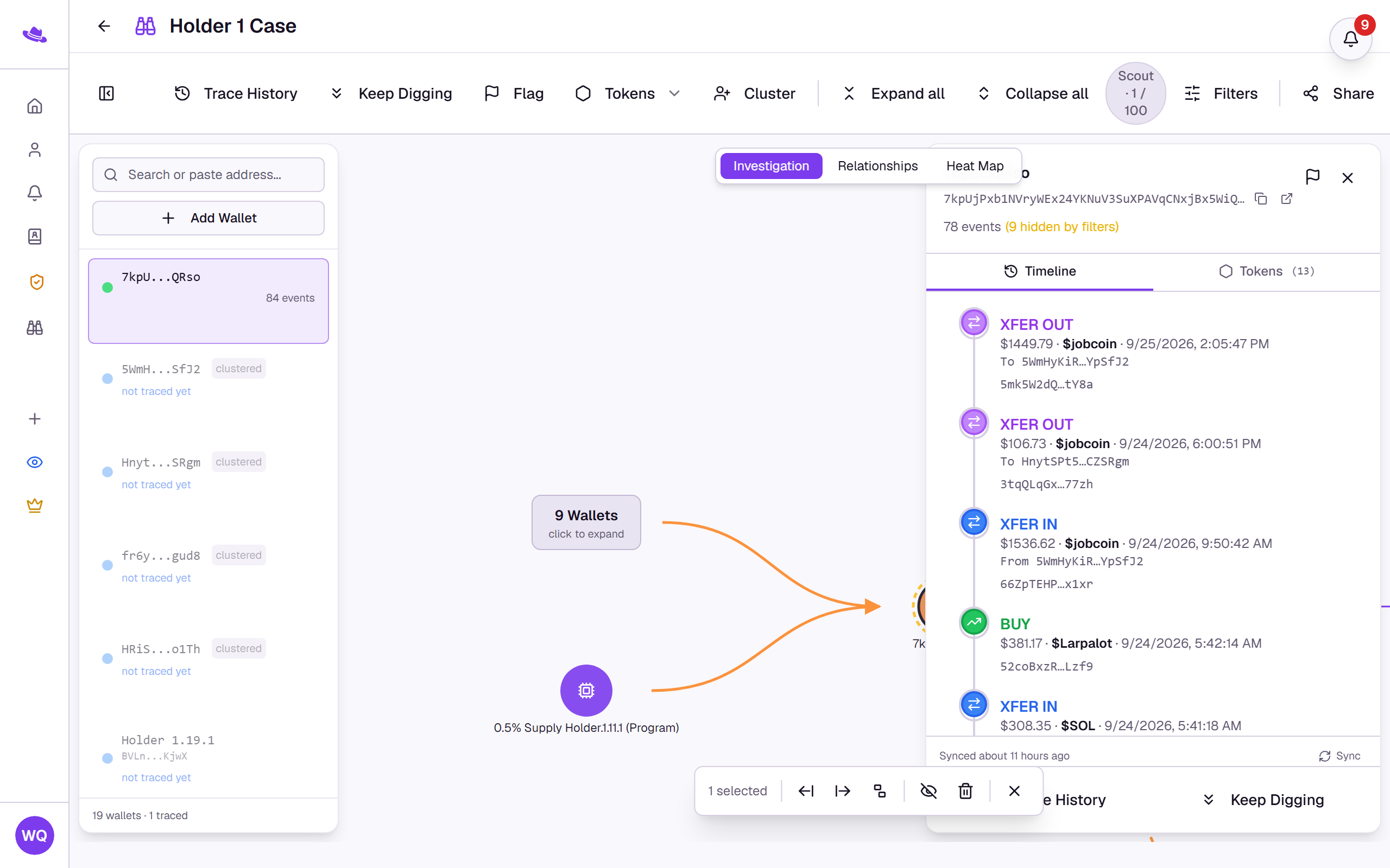 The inspector panel open for a wallet, showing its Timeline tab