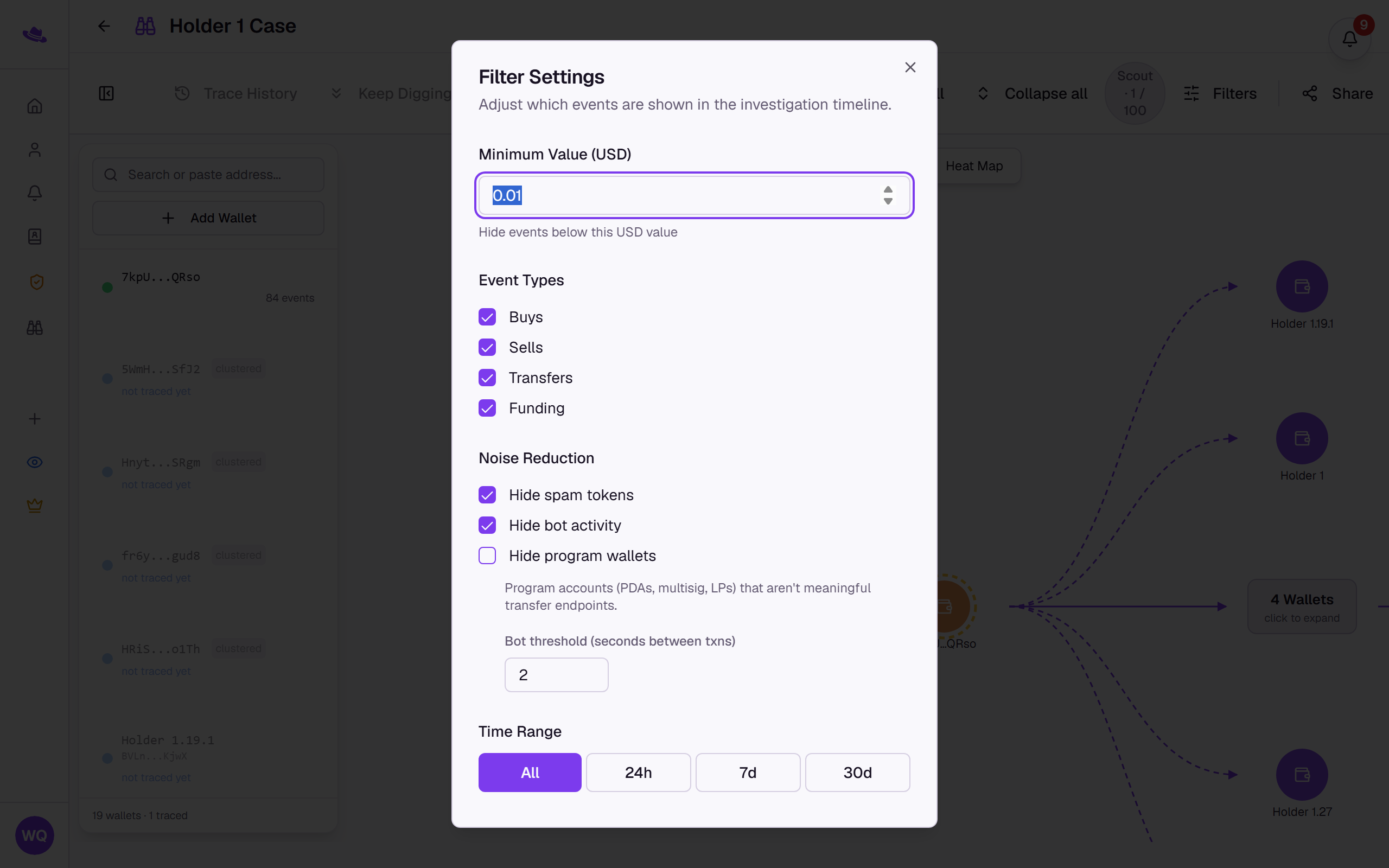The Filter Settings dialog: event types, noise reduction, and time range