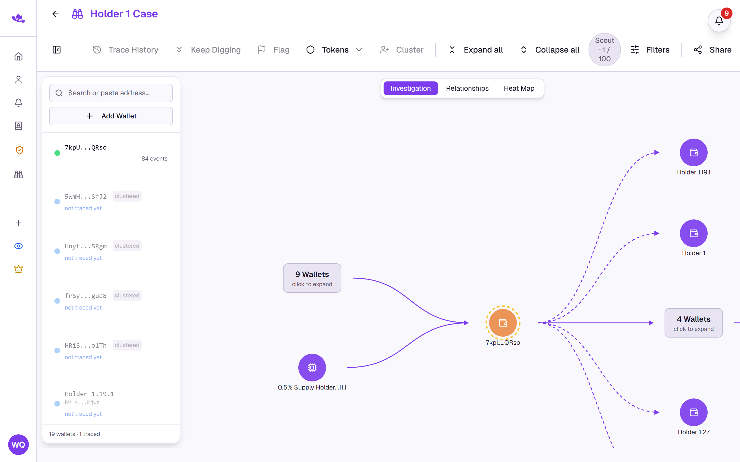 A Scout investigation with a traced wallet and its connections on the canvas