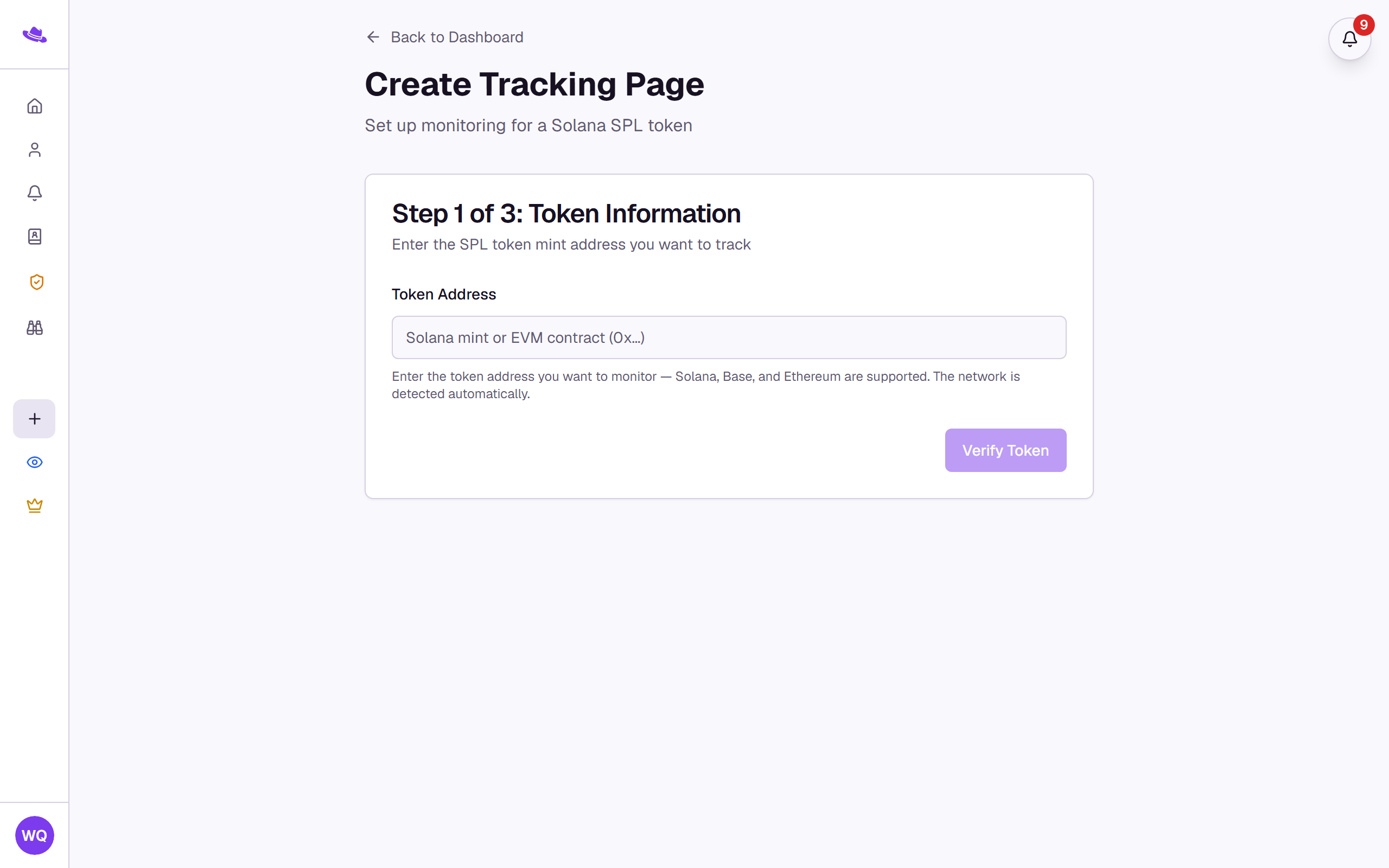 The Create Tracking Page form with the Token Address field and Verify Token button