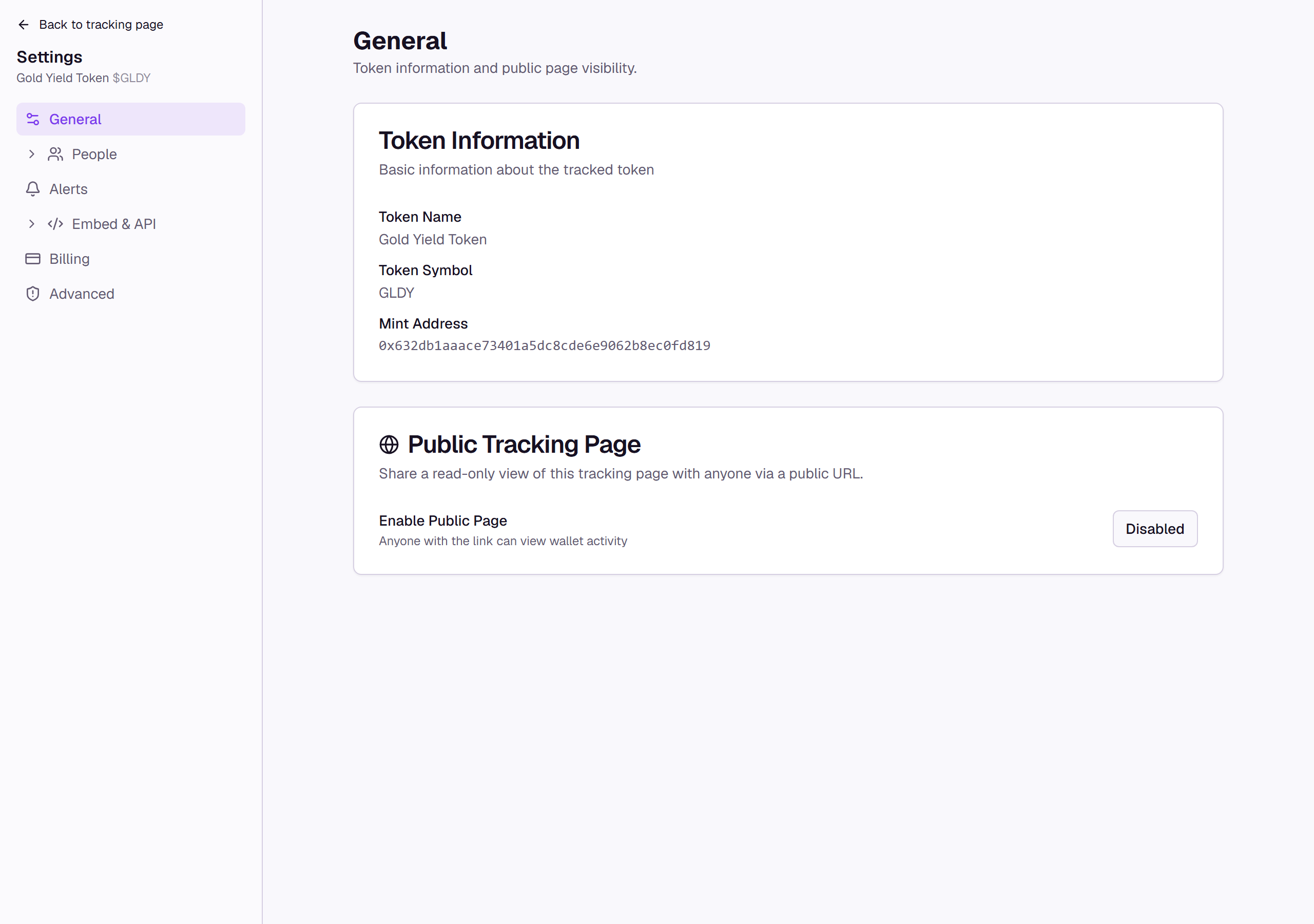 The tracking page settings sidebar open to General, showing Token Information and Public Tracking Page