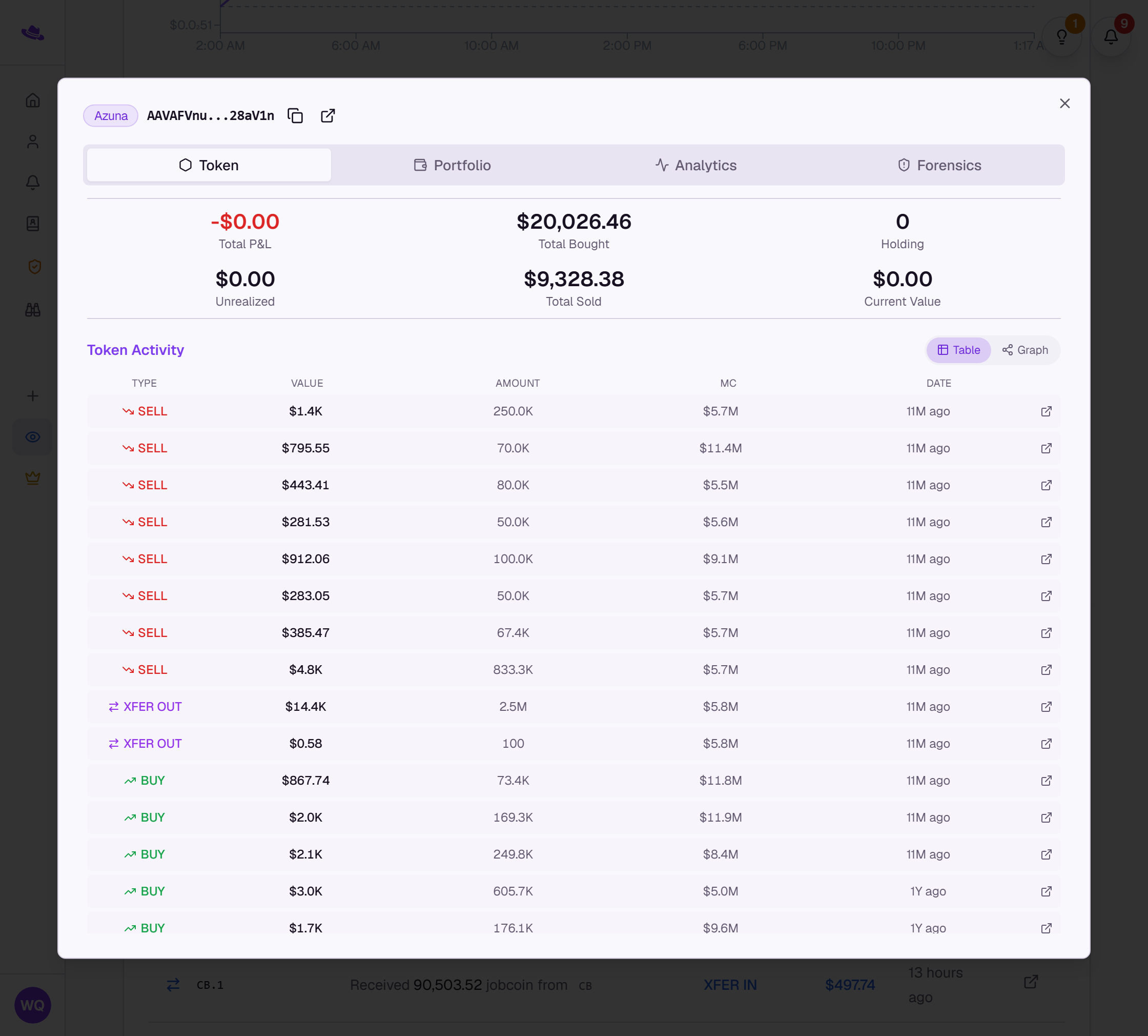 The wallet modal open on the Token tab, showing the header, profit-and-loss figures, and the Token Activity table