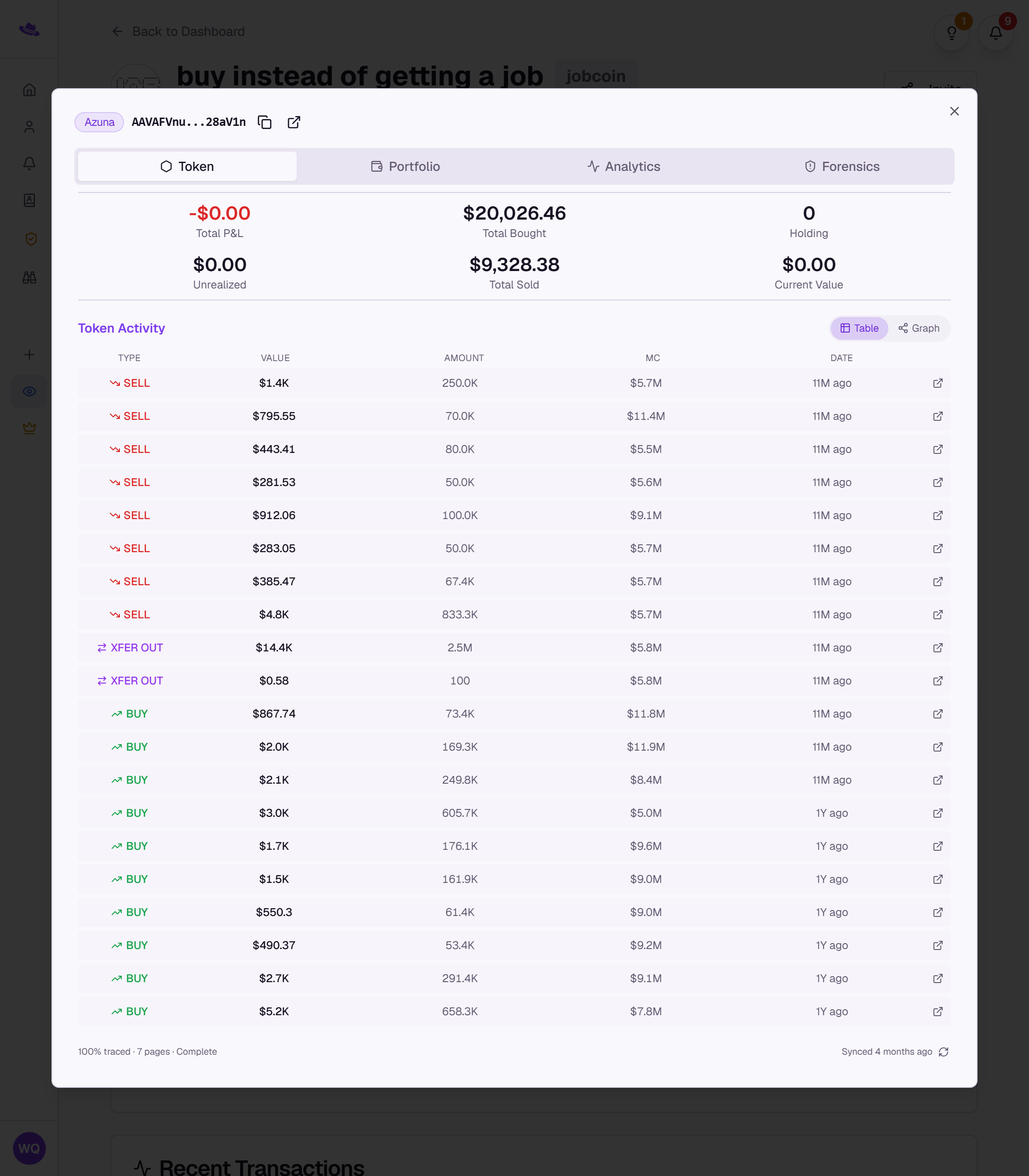 The Token tab showing the profit-and-loss figures, Token Activity table, and trace progress bar