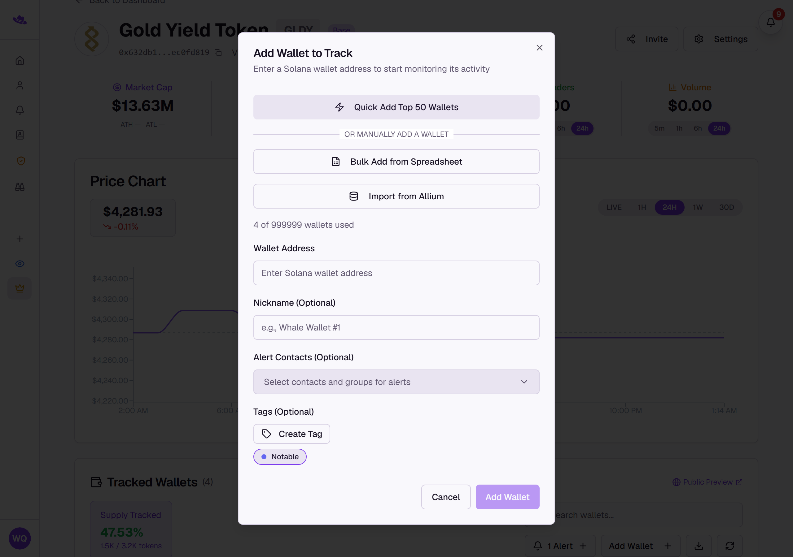 The Add Wallet dialog, with Quick Add Top 50 Wallets, Bulk Add from Spreadsheet, and Import from Allium above the manual address form