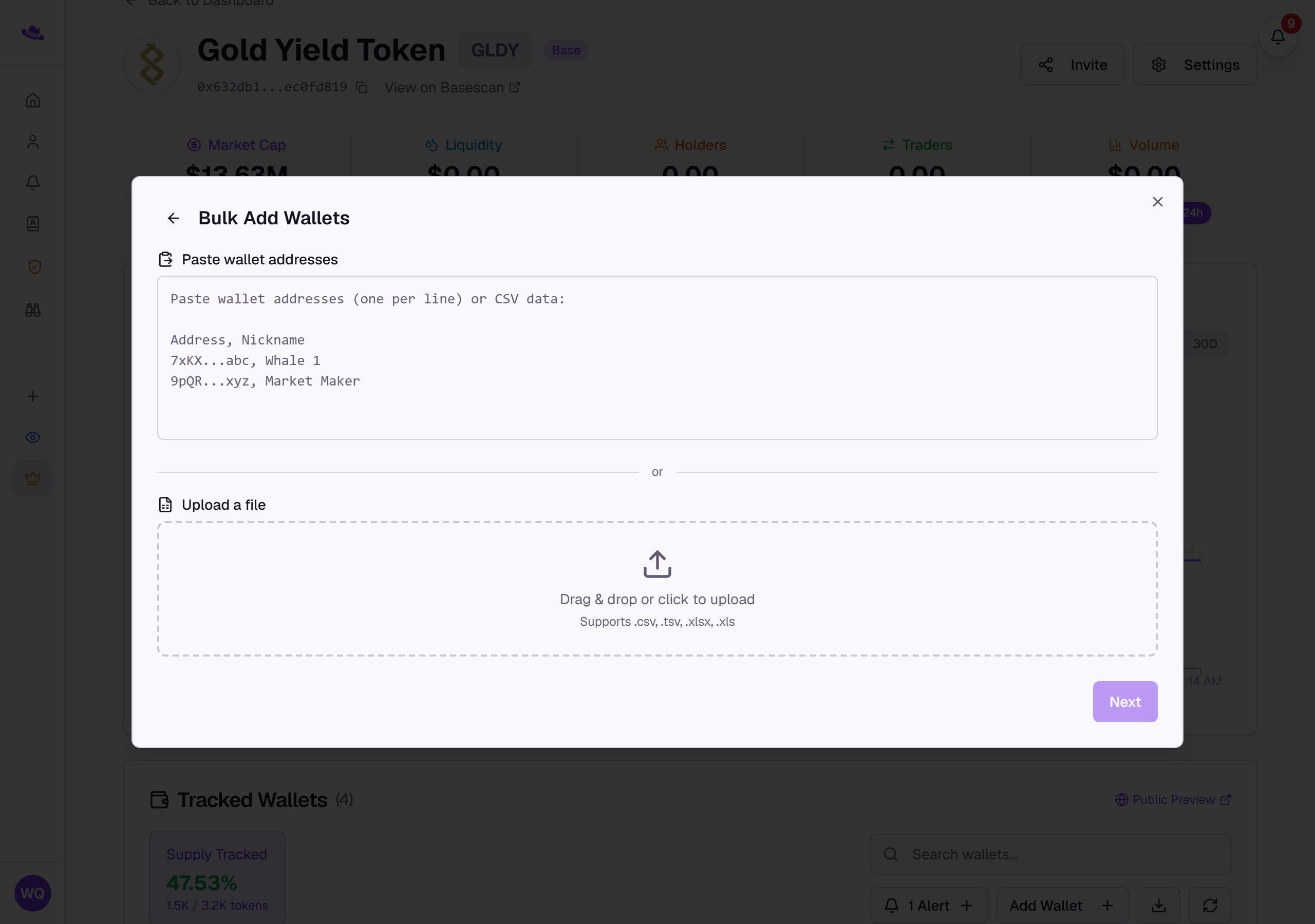 The Bulk Add Wallets dialog's first step, with a box for pasting addresses and a file upload area