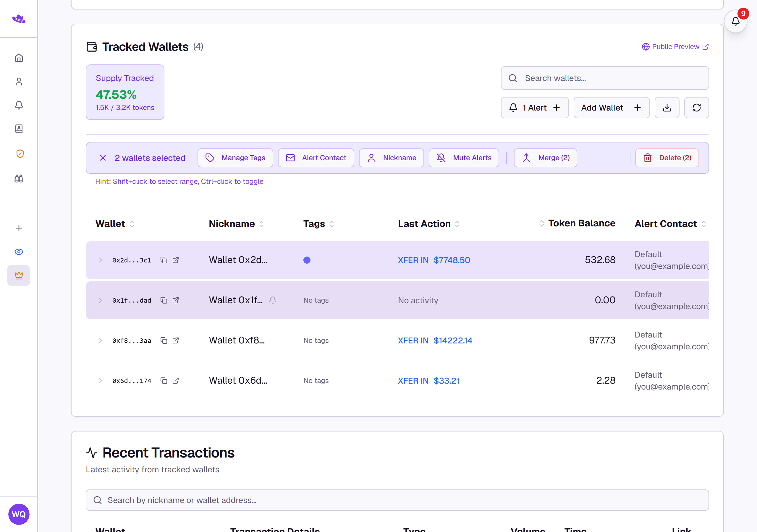 Two wallet rows selected, with the batch action bar showing Manage Tags, Alert Contact, Nickname, Mute Alerts, Merge, and Delete