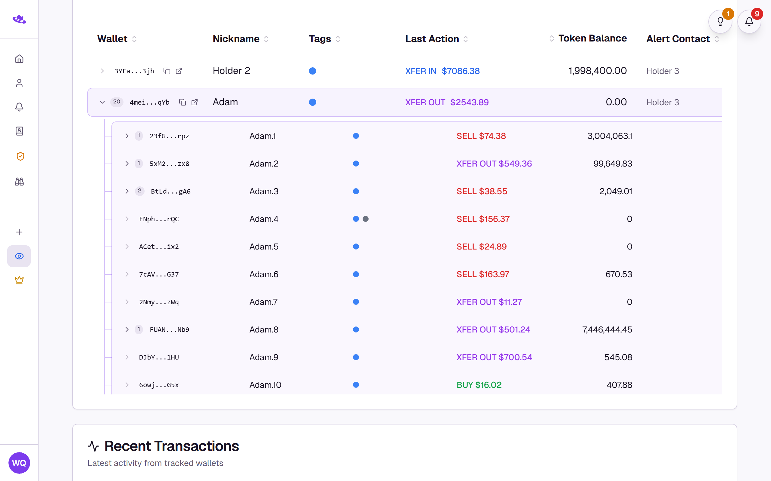 A tracked wallet's row expanded, showing its numbered sub-wallets nested beneath it and an Add sub-wallet control