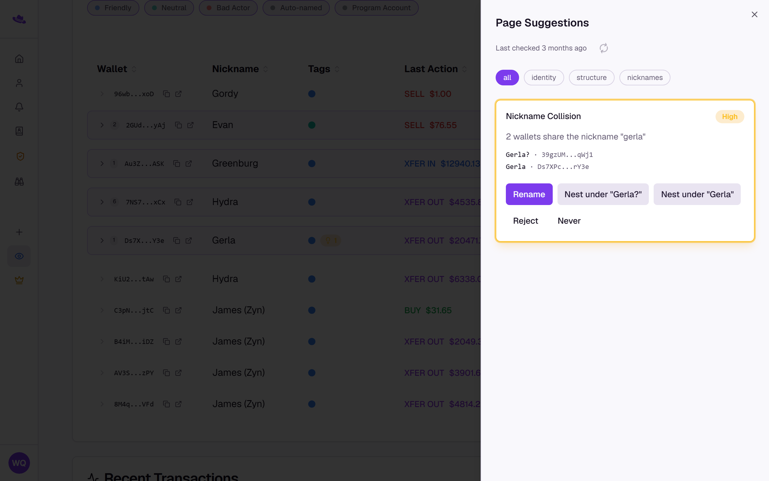 The Page Suggestions drawer open with a Nickname Collision suggestion, showing the two wallets involved and its Rename, Nest under, Reject, and Never actions