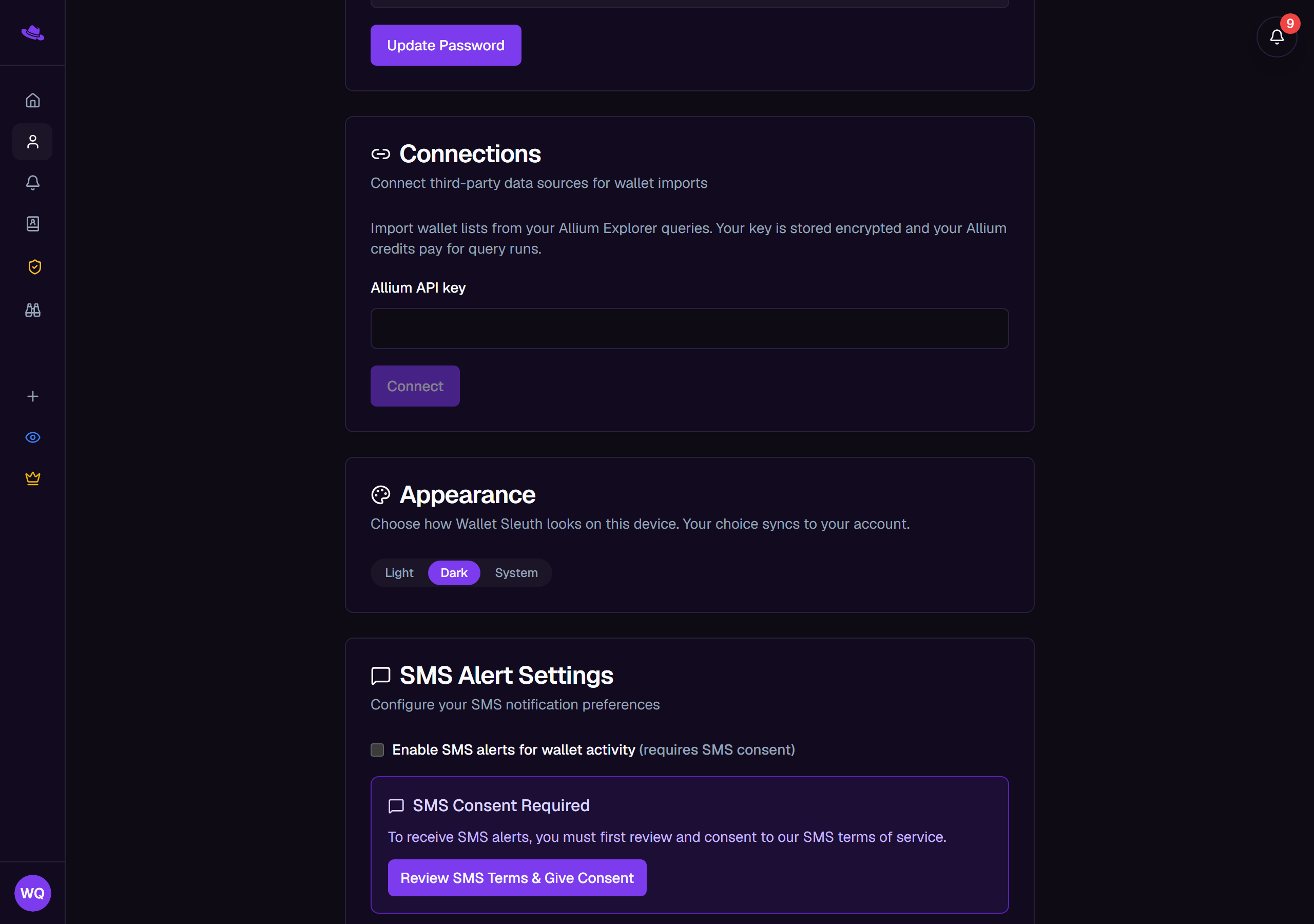 The Connections card on the Profile page, with the Allium API key field and Connect button