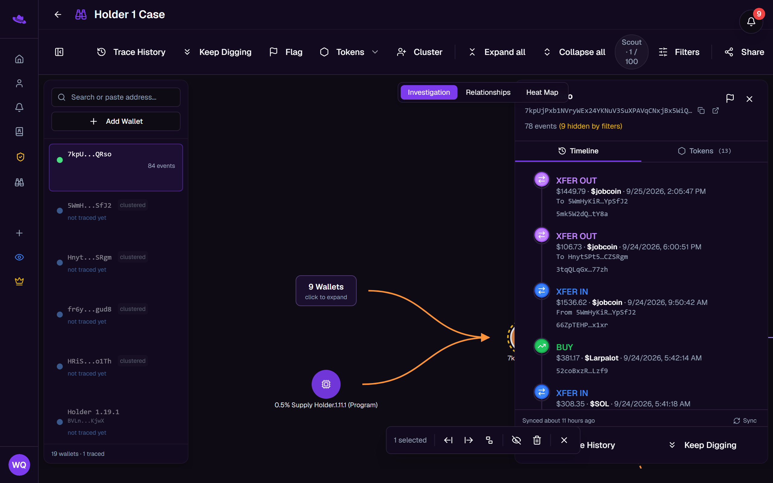 The inspector panel open for a wallet, showing its Timeline tab