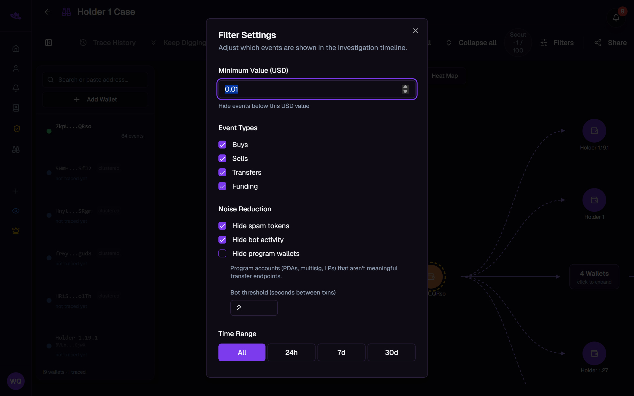 The Filter Settings dialog: event types, noise reduction, and time range