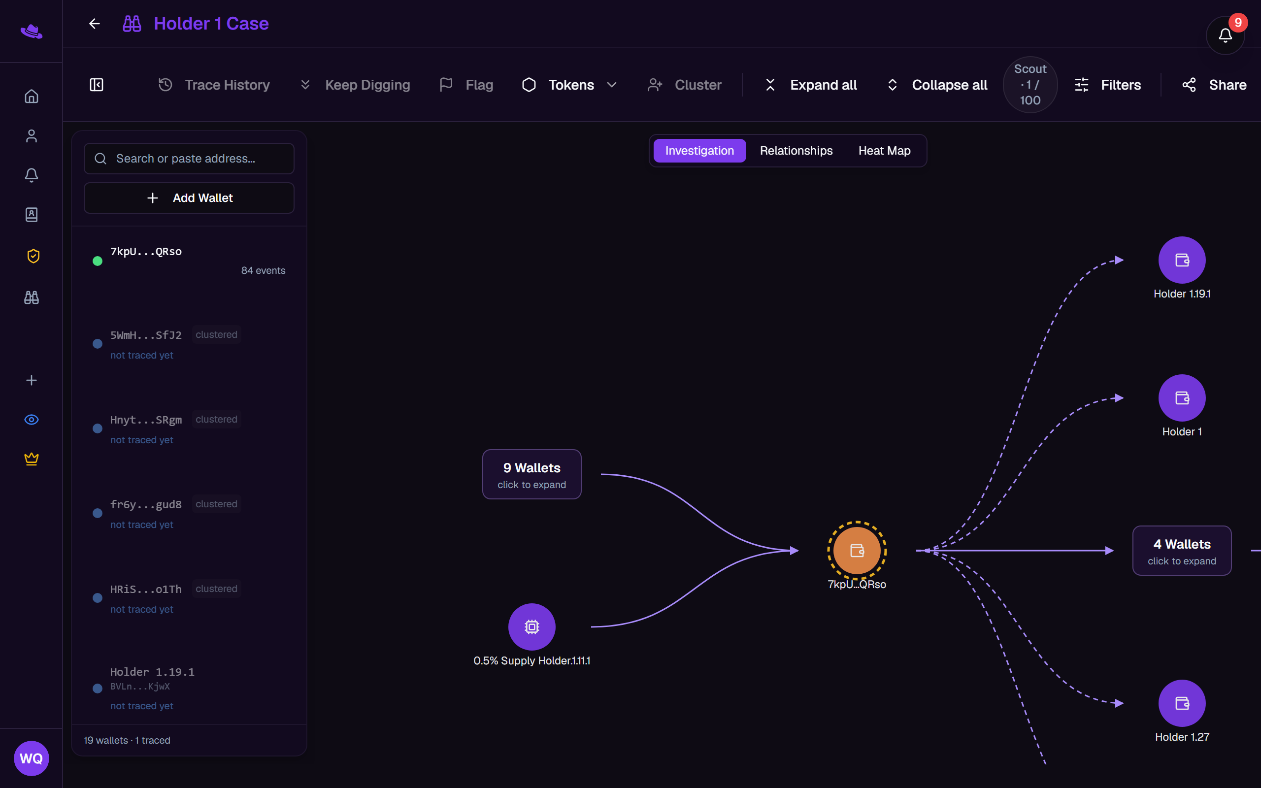 A Scout investigation with a traced wallet and its connections on the canvas
