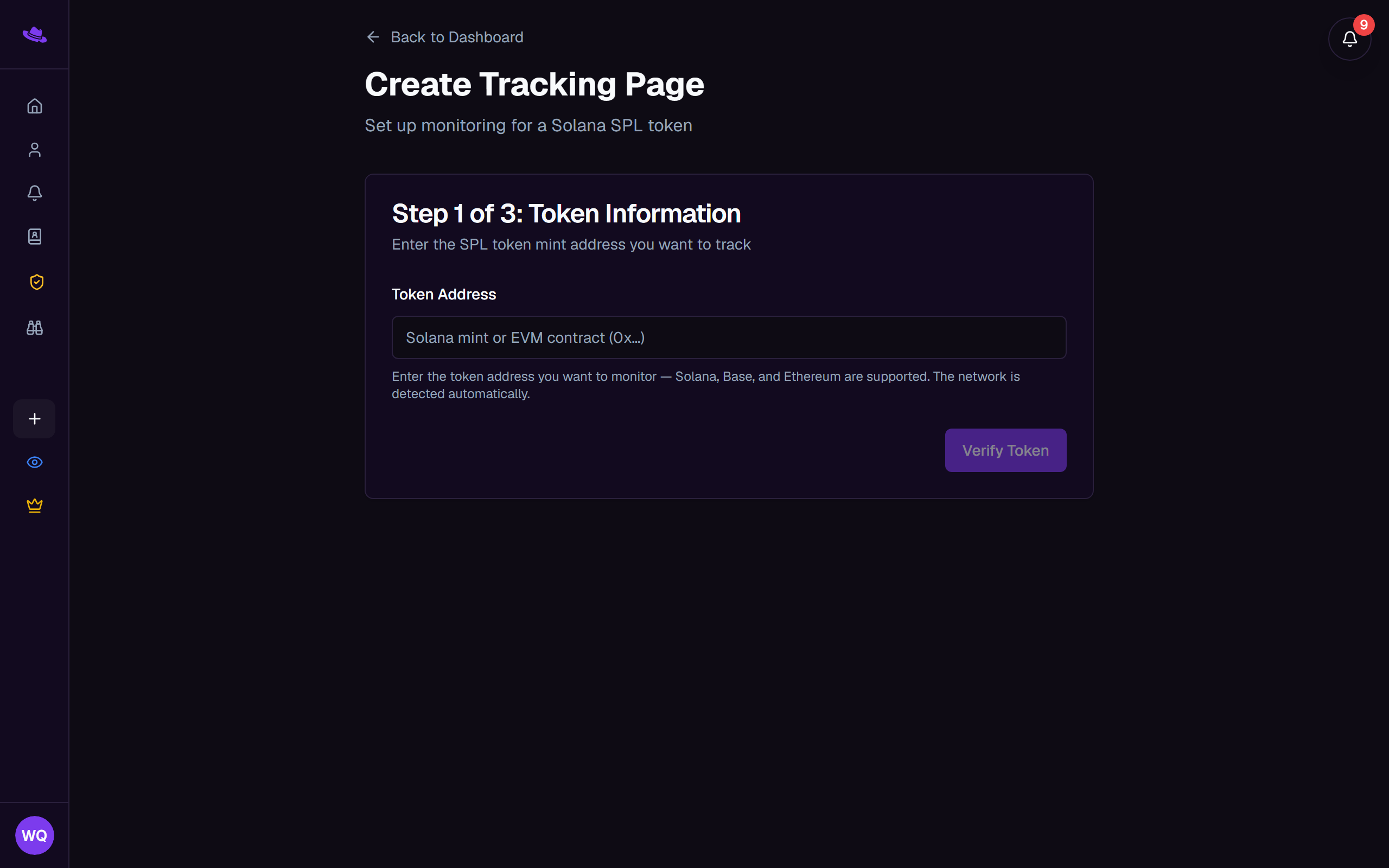 The Create Tracking Page form with the Token Address field and Verify Token button
