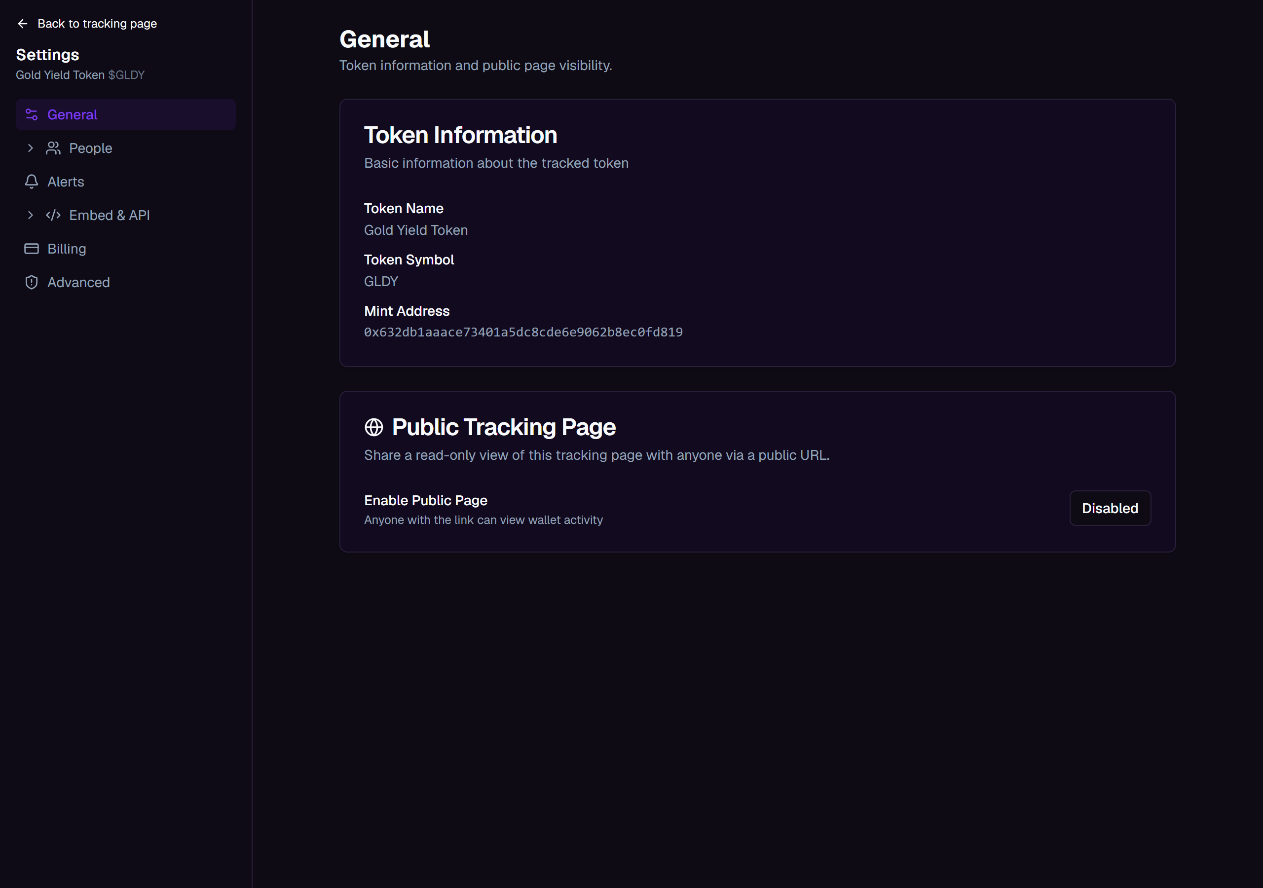 The tracking page settings sidebar open to General, showing Token Information and Public Tracking Page