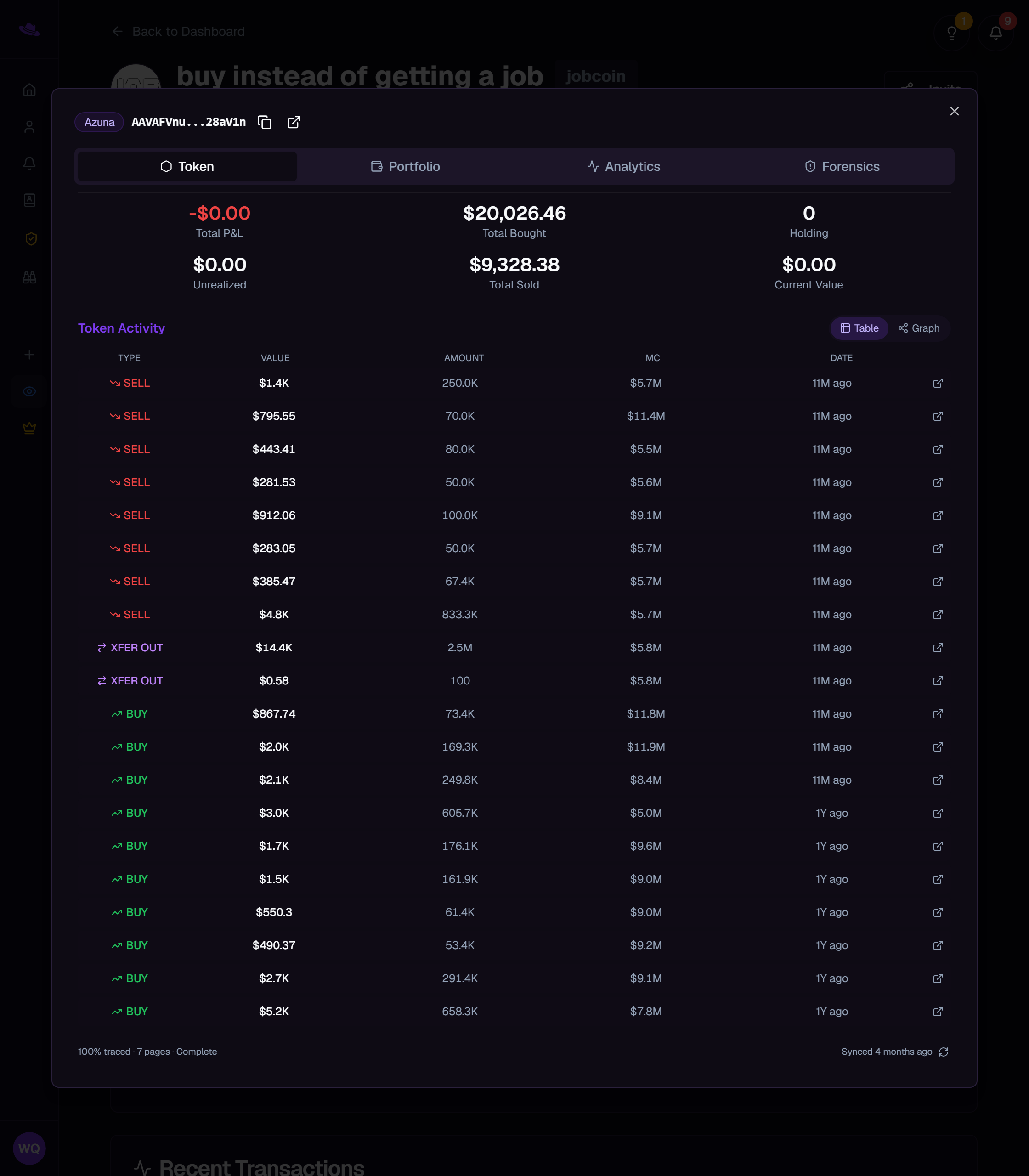 The Token tab showing the profit-and-loss figures, Token Activity table, and trace progress bar